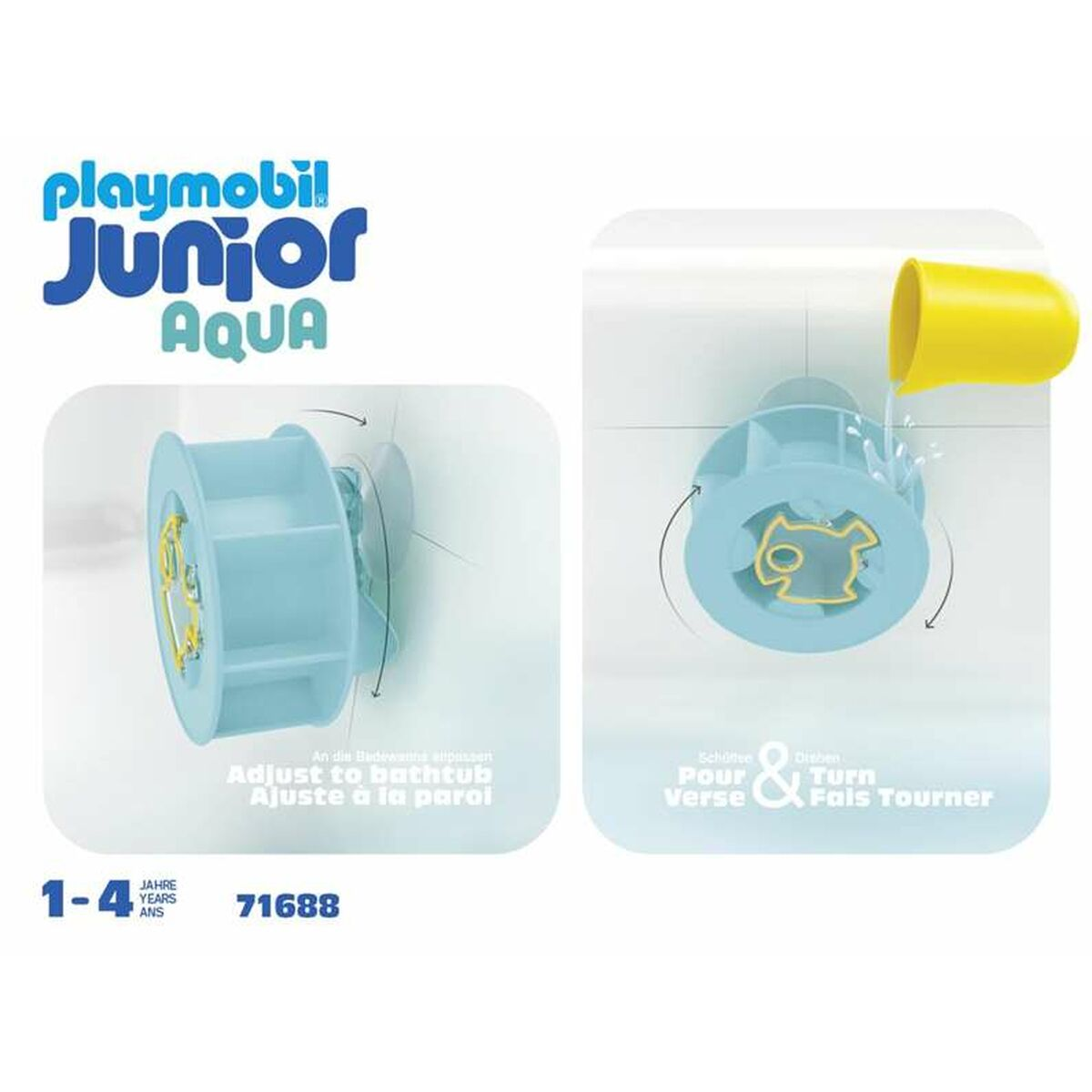 Juguete Playmobil Junior Aqua para bañera: cubilete amarillo vierte agua en turbina.