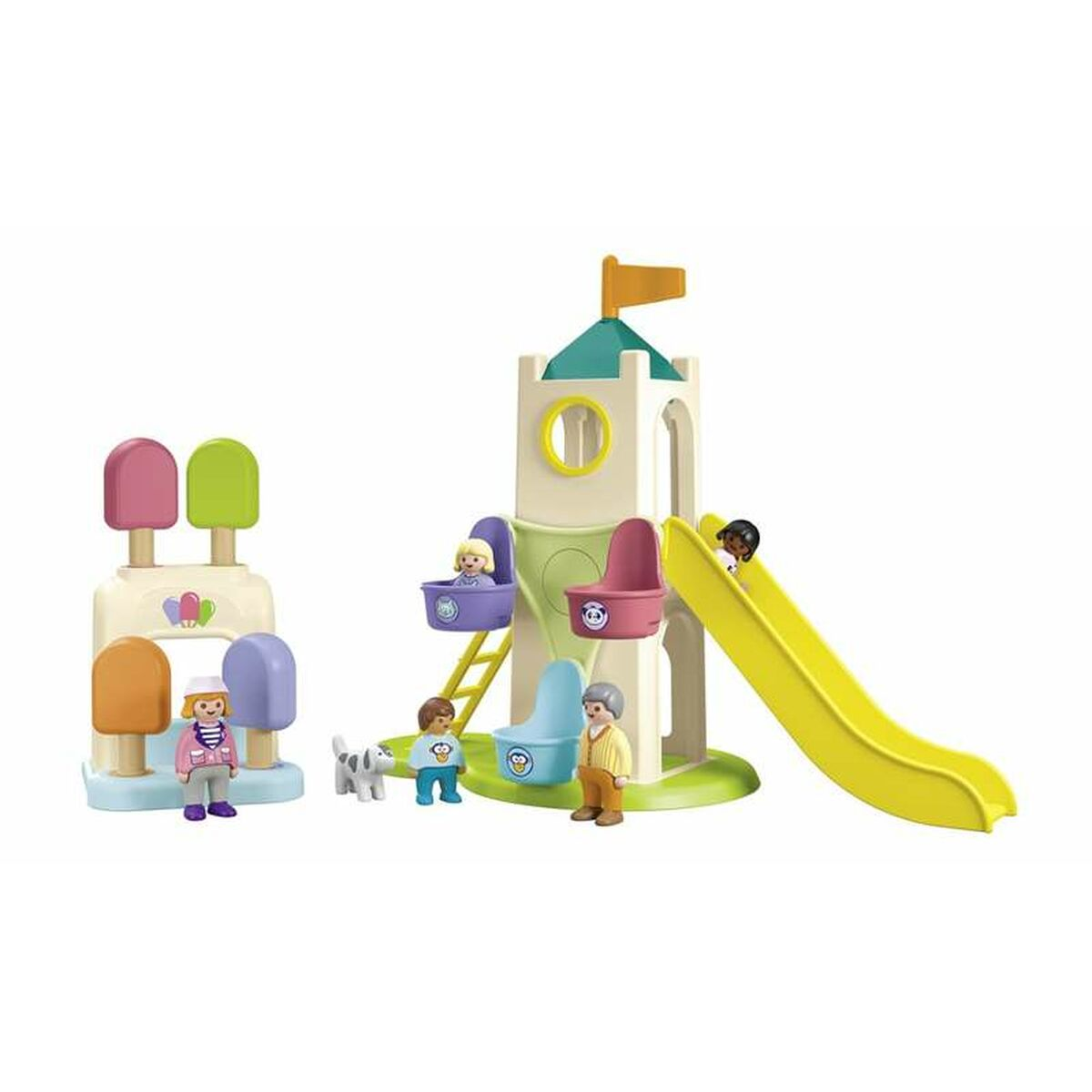 Area giochi con figure: Torre castello con scivolo, casa gelati, persone, cane.