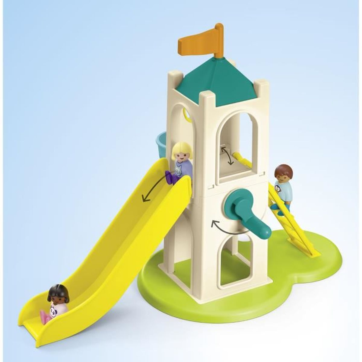Torre giochi con scivolo e due figure. Una bambina scivola, un bambino sale.