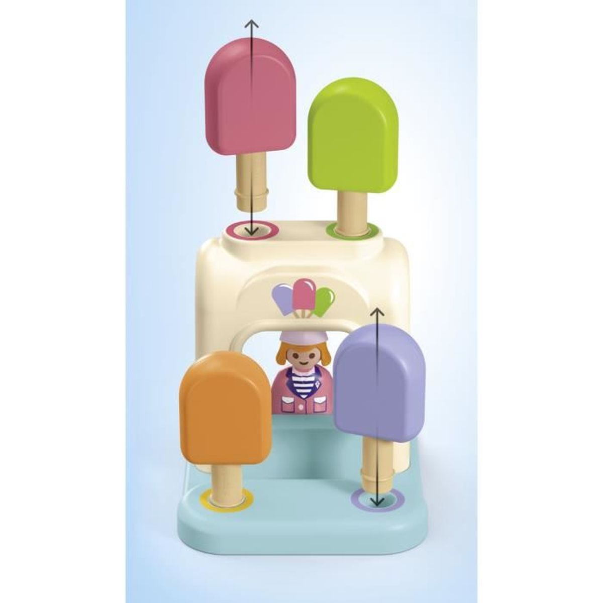 Un carretto dei gelati giocattolo con quattro ghiaccioli colorati e una figura.
