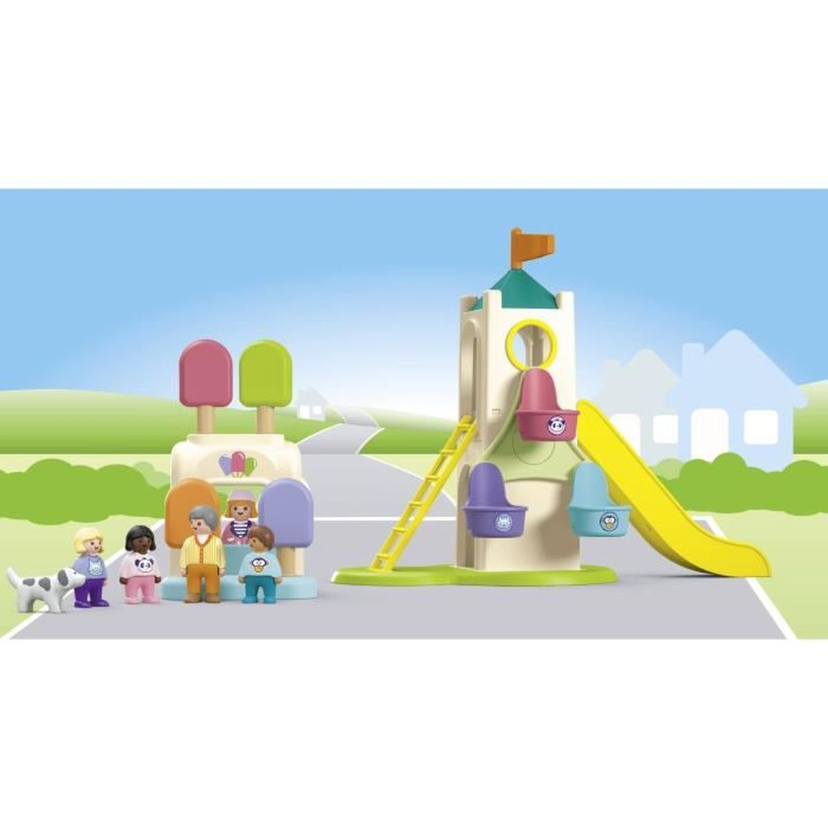 Parco giochi con scivolo, torre, figure e decorazioni gelato.