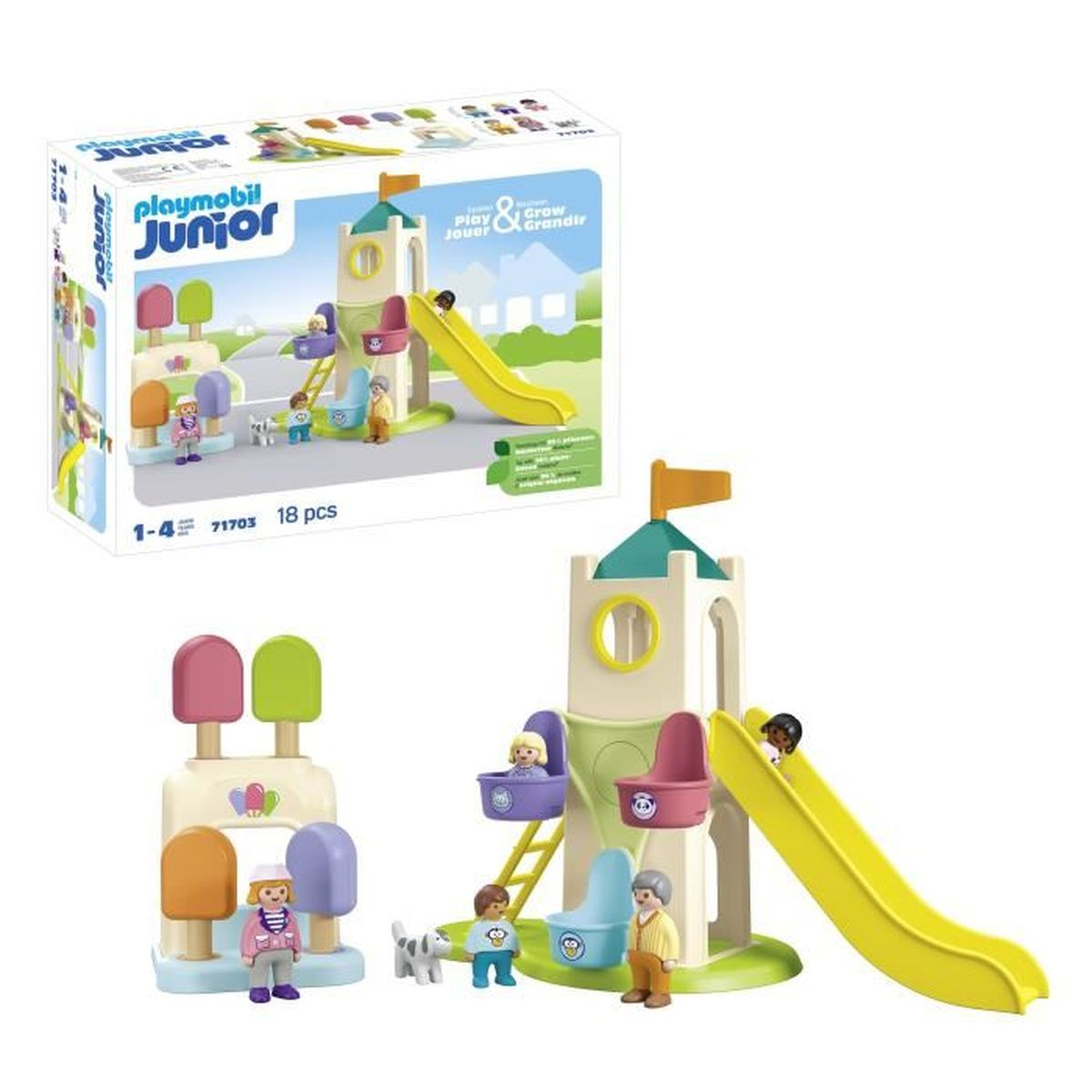 Set giochi Playmobil Junior con scivolo, figure e cane.