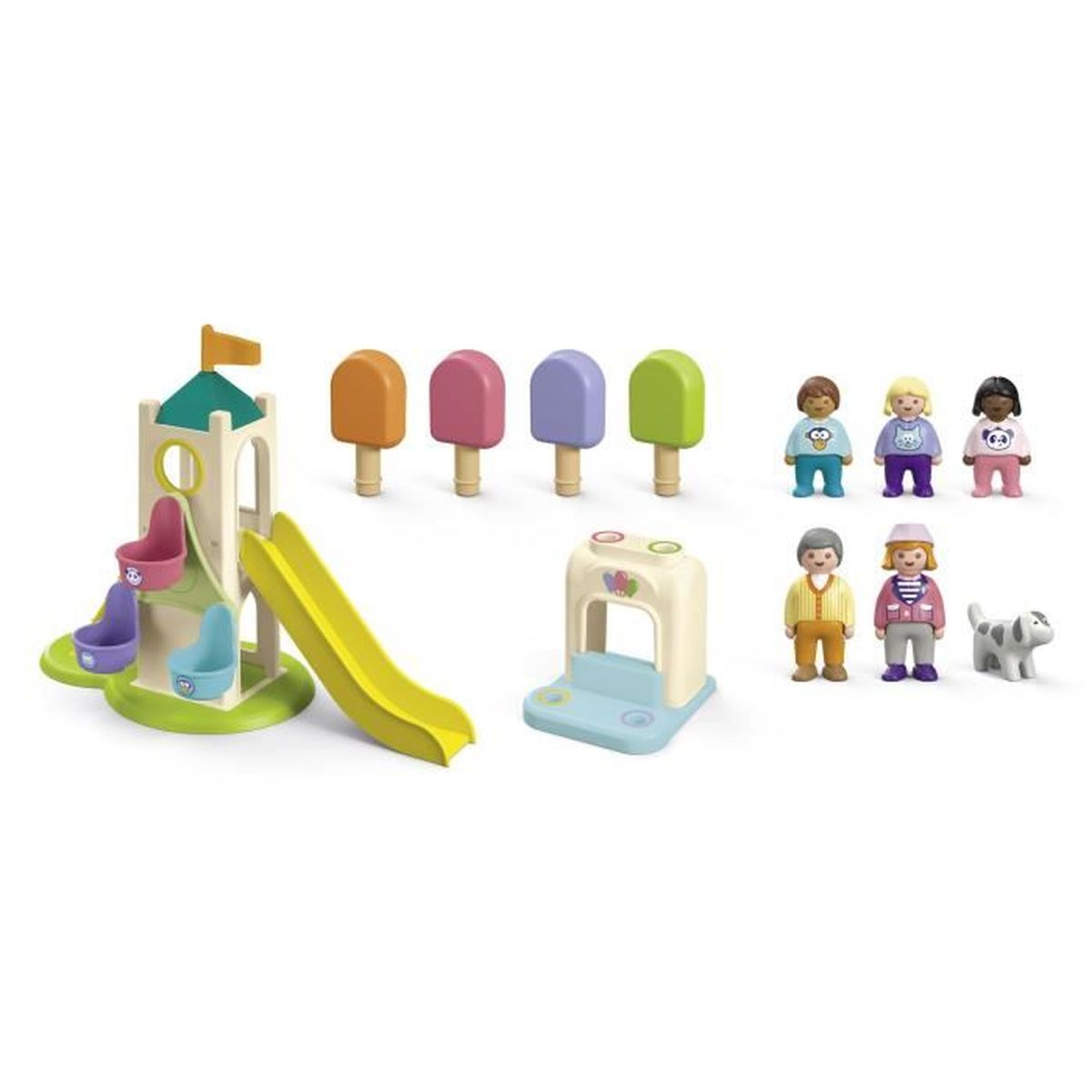 Set parco giochi con figure, ghiaccioli, capanna e cane.