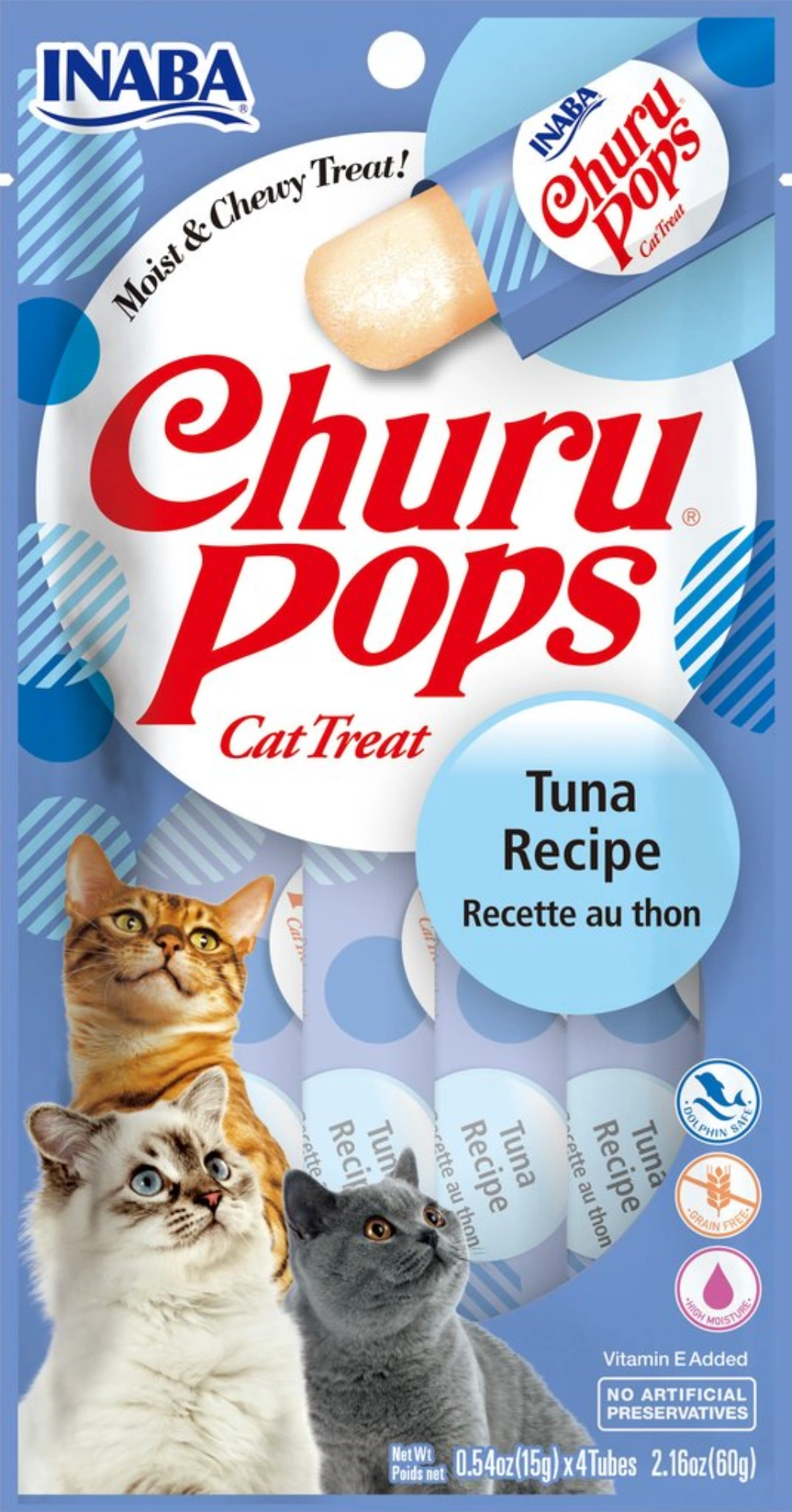 Empaque de golosinas para gatos con tres gatos y el logo "Churu Pops".