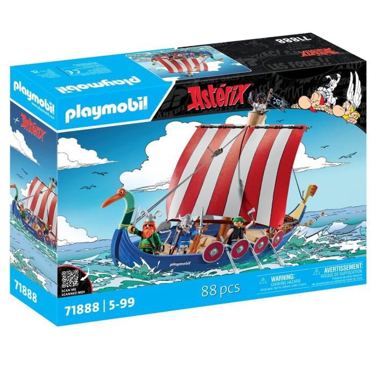 Barco vikingo de Playmobil con velas rojas y blancas en el mar.