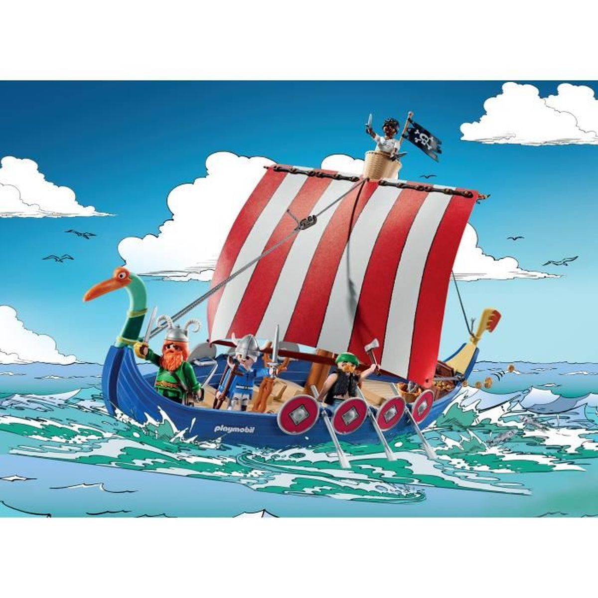 Un barco vikingo con velas rojas y blancas en el mar, tripulado por figuras.