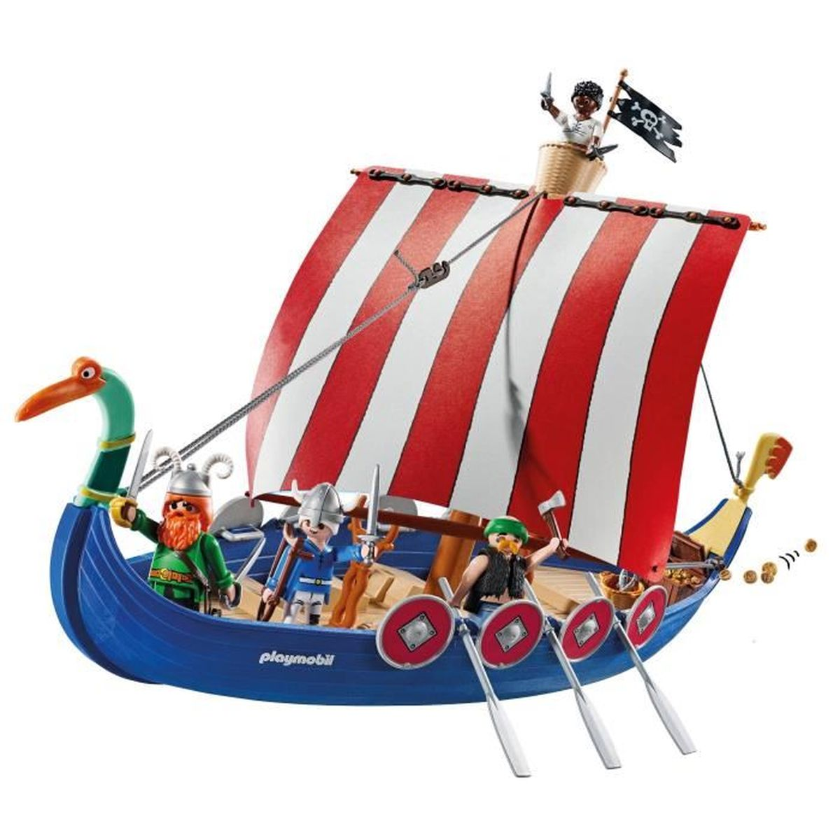 Un barco vikingo azul con rayas rojas, figuras y remos.