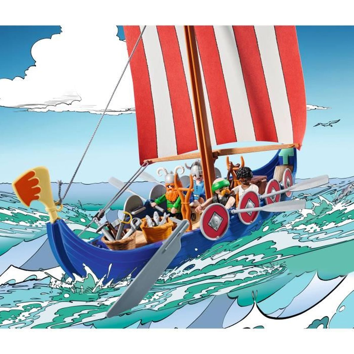 Barco vikingo de Playmobil con remeros y vela roja en mar azul agitado.