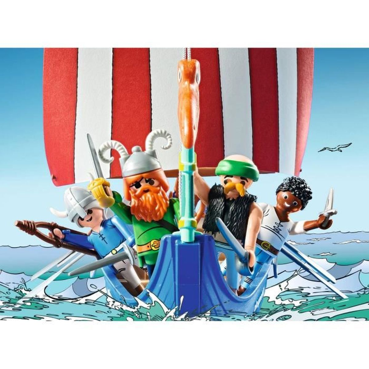 Cuatro figuras vikingas en un barco azul con vela roja en el mar.