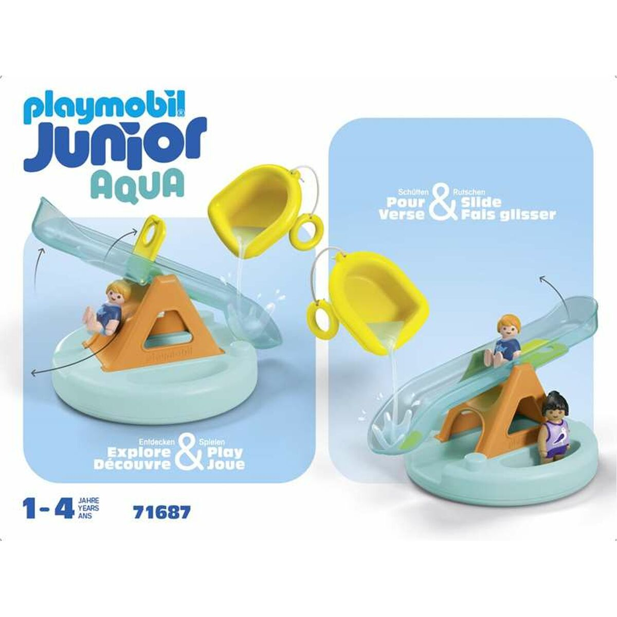 Scivolo acquatico Playmobil Junior con due figure e secchielli gialli.