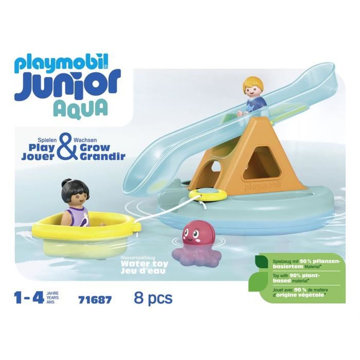 Scivolo d'acqua Playmobil Junior Aqua con due figure e un polpo.