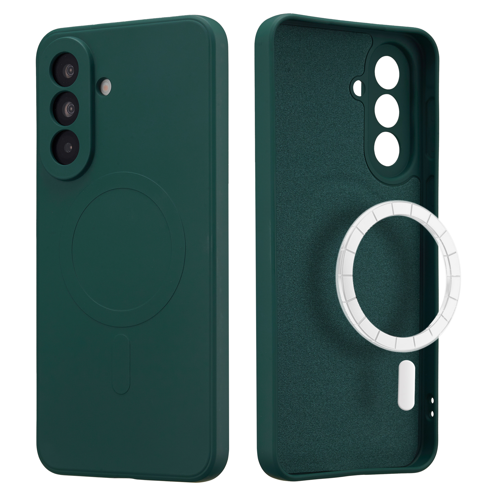 Coque de téléphone vert foncé, vues avant et arrière. L'arrière montre les caméras et l'anneau magnétique.