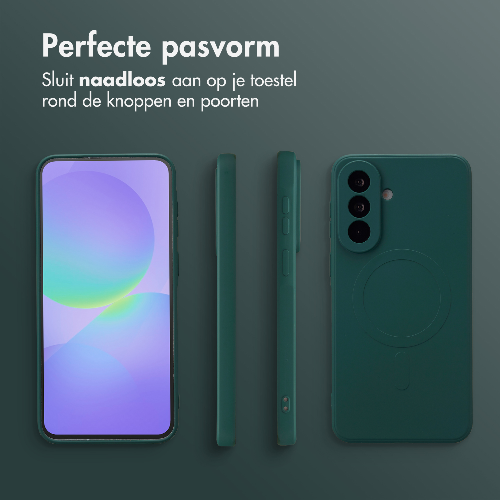 Trois coques de téléphone vertes côte à côte. Une vue de face, une de côté, une de dos.