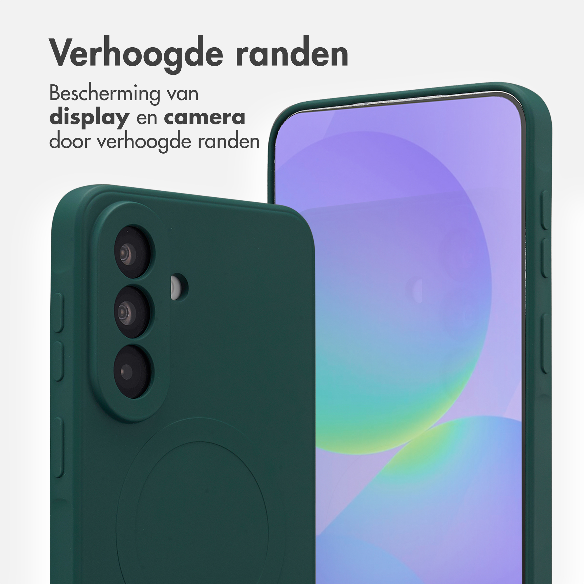 Coque de téléphone vert foncé à bords surélevés protège écran et appareil.