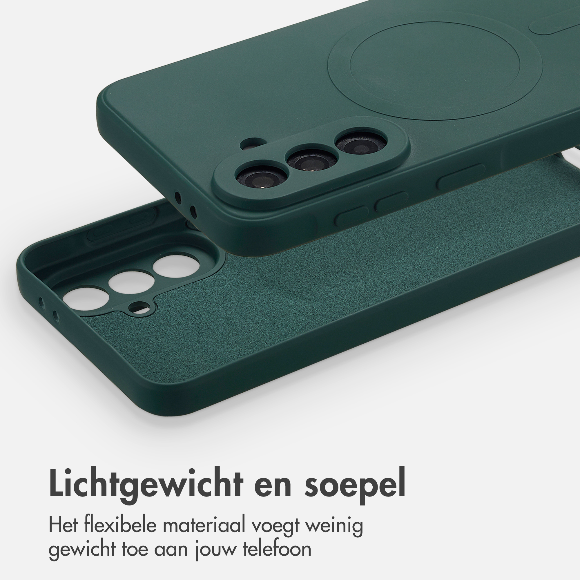 Coque de téléphone vert foncé avec découpe caméra et anneau magnétique.