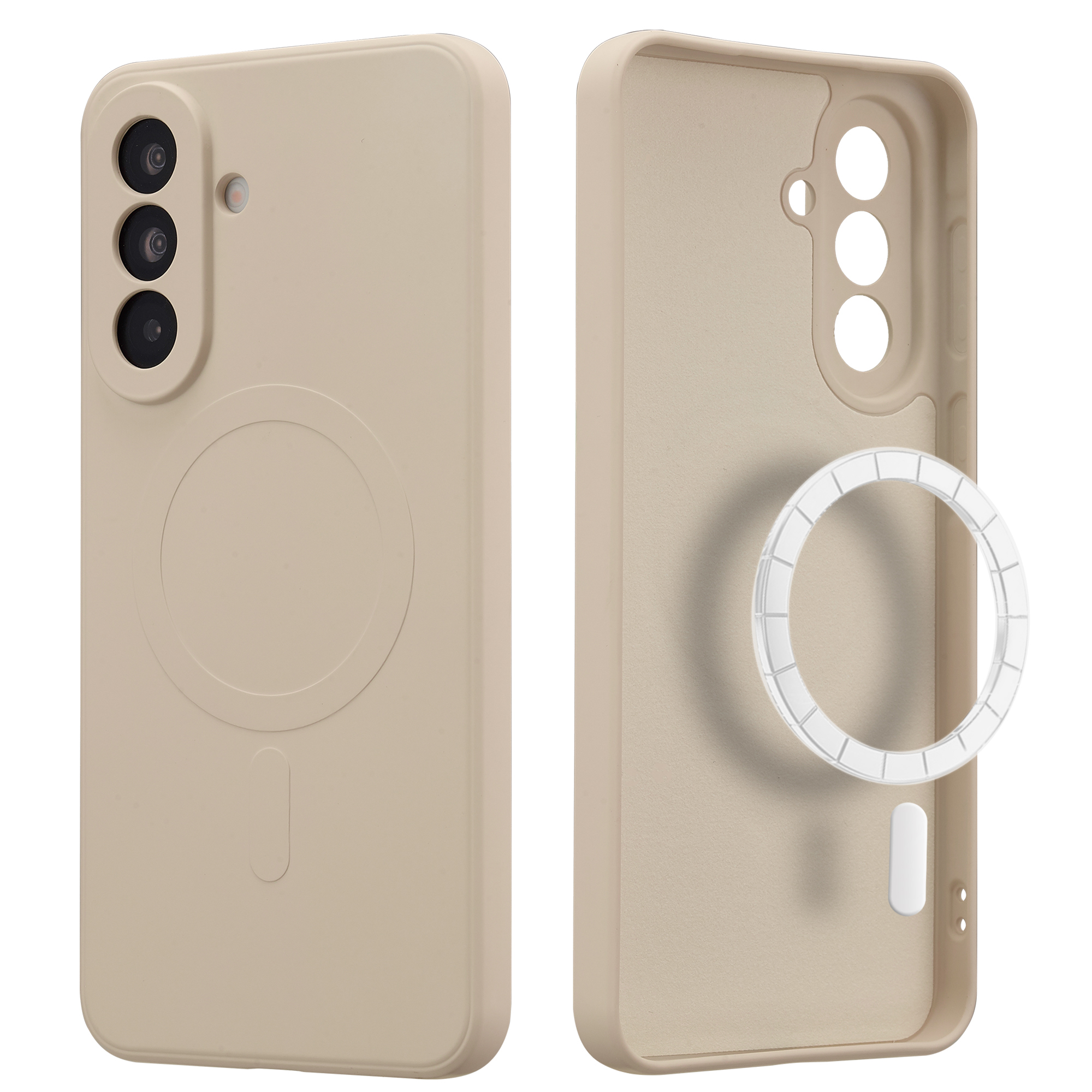Coque de téléphone beige, avant et arrière montrées, avec caméras et anneau magnétique.