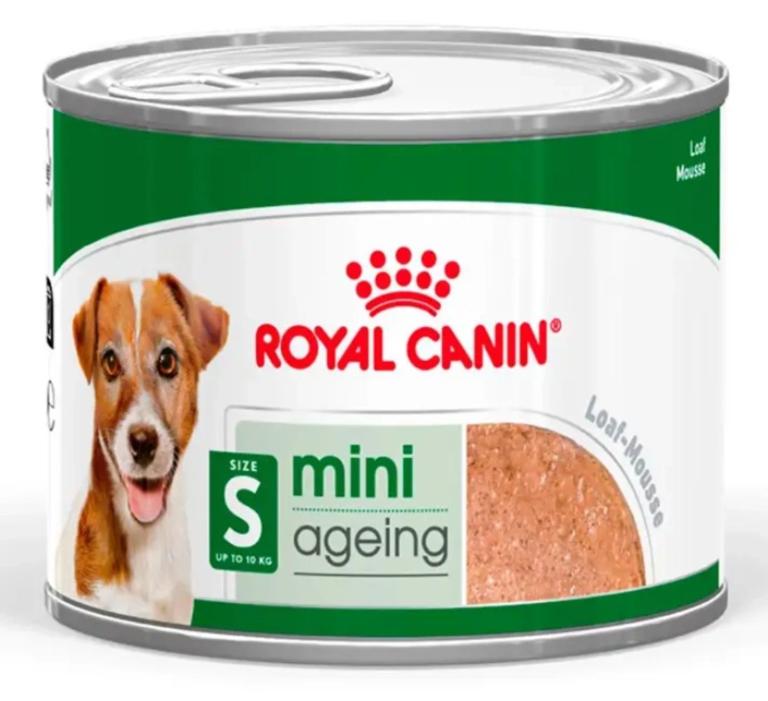 Una lata de comida para perros Royal Canin para perros pequeños y mayores. Con imagen de un Jack Russell Terrier.