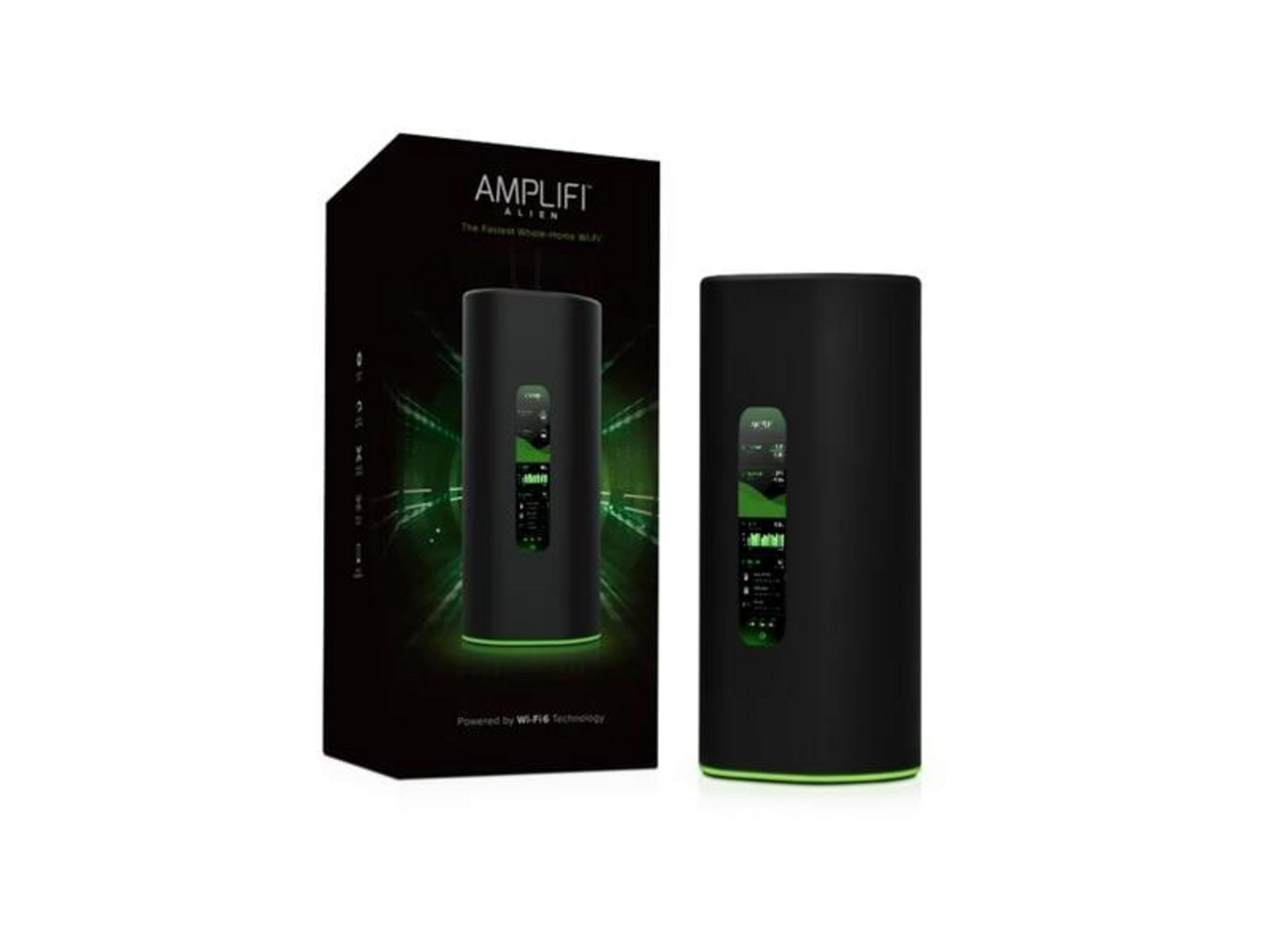 Ein schwarzer WiFi-Router und seine Verpackung mit grünen Akzenten auf weißem Hintergrund.