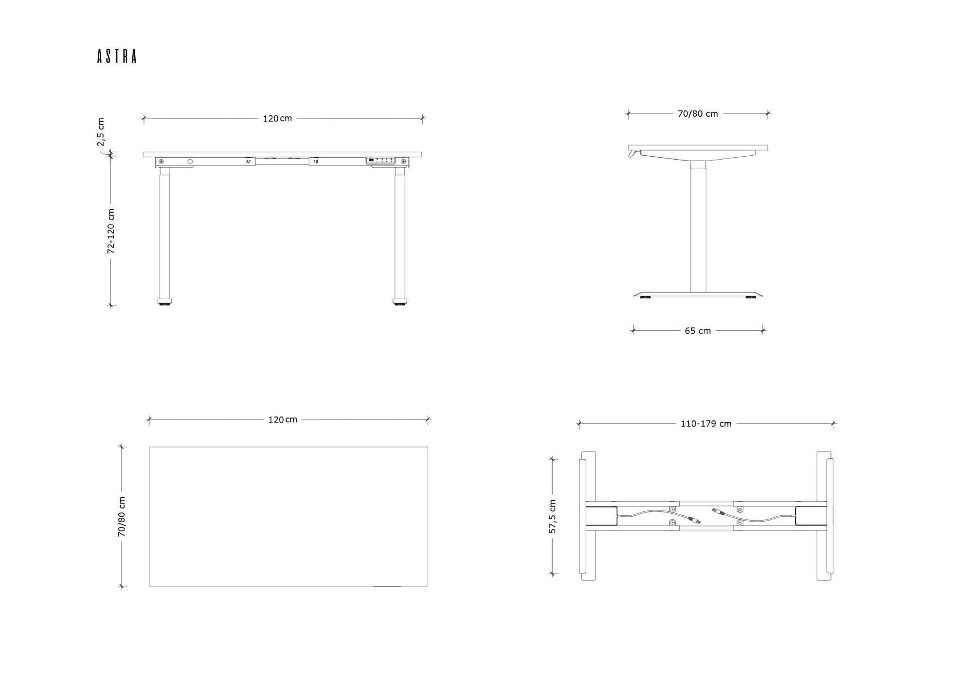 Rysunek techniczny ramy biurka i blatu z wymiarami.