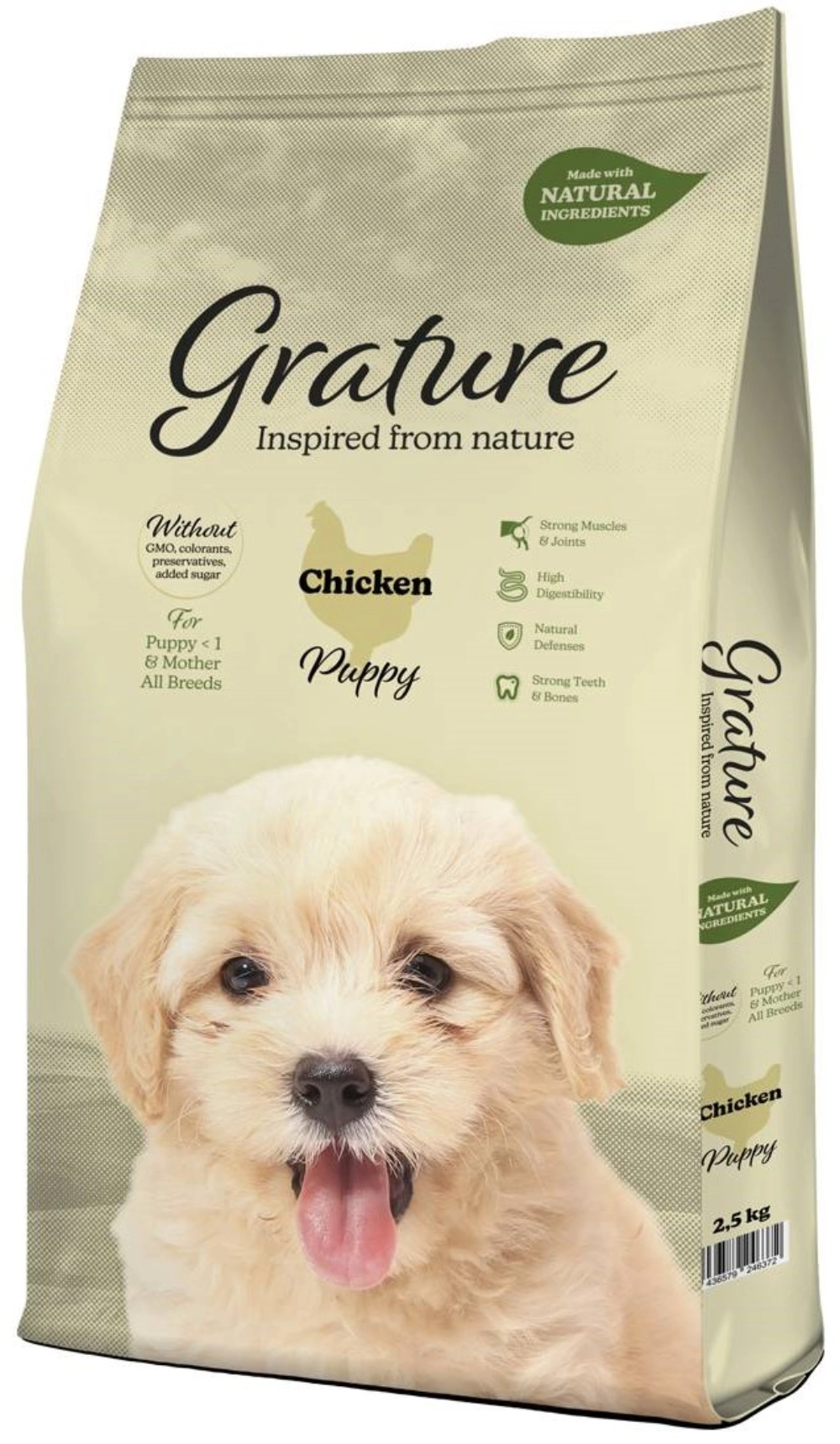 Bolsa de comida Grature para cachorros de pollo con imagen de cachorro y etiqueta natural.