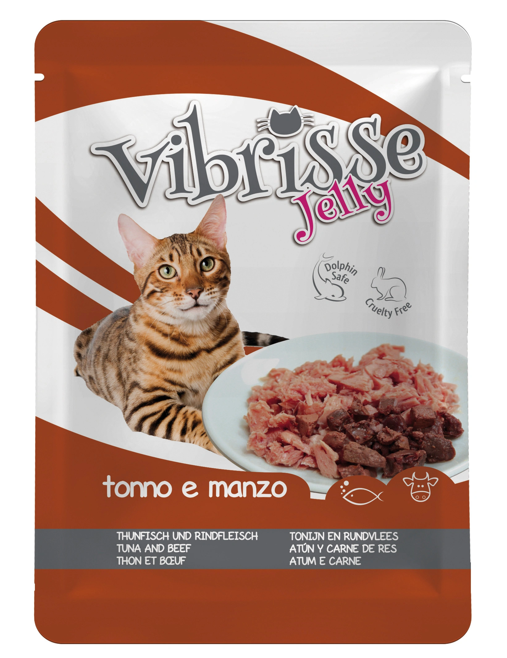 Un gato bengalí junto a un cuenco de atún y carne para gatos.