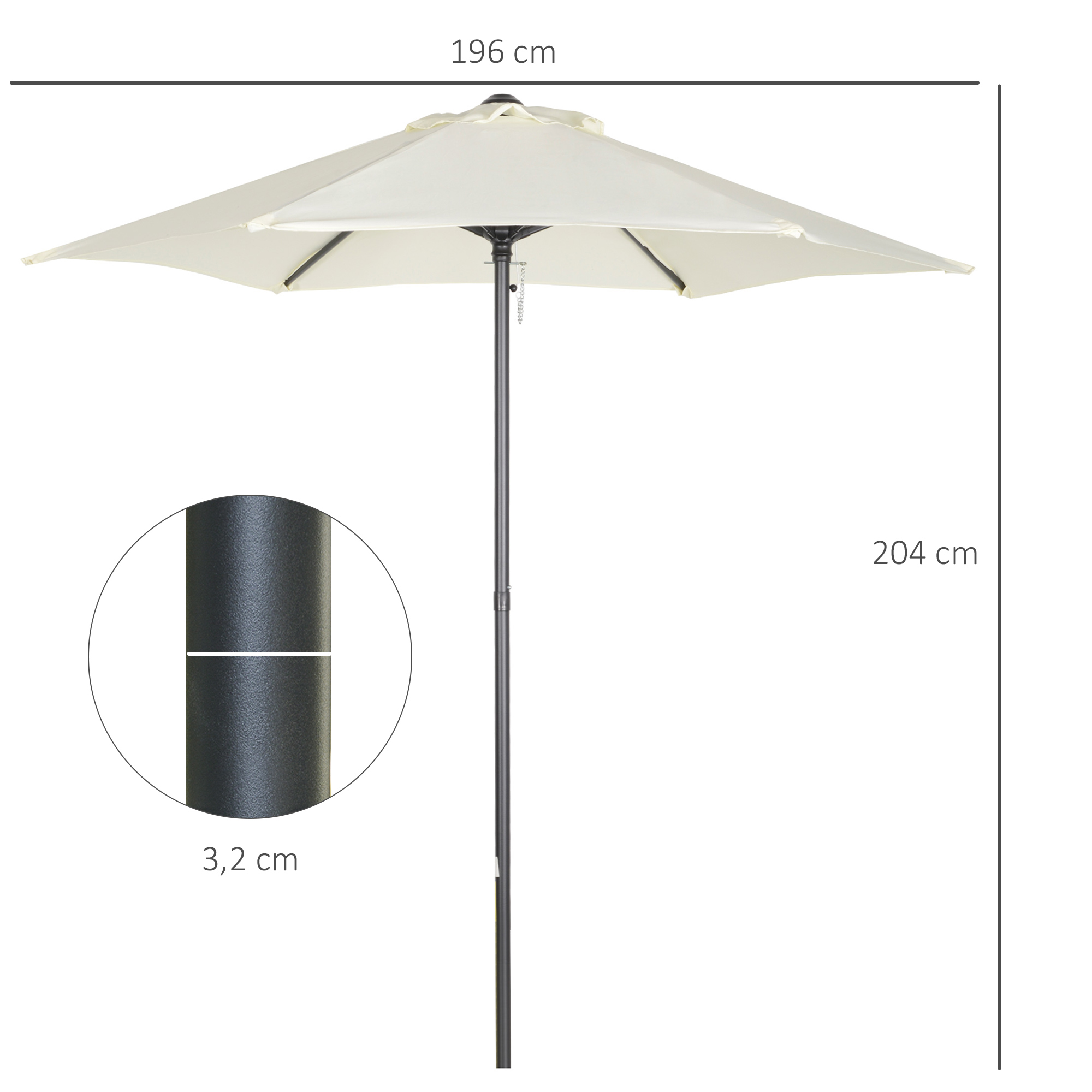 Un parasol color crema con poste negro, 196 cm de ancho y 204 cm de alto.