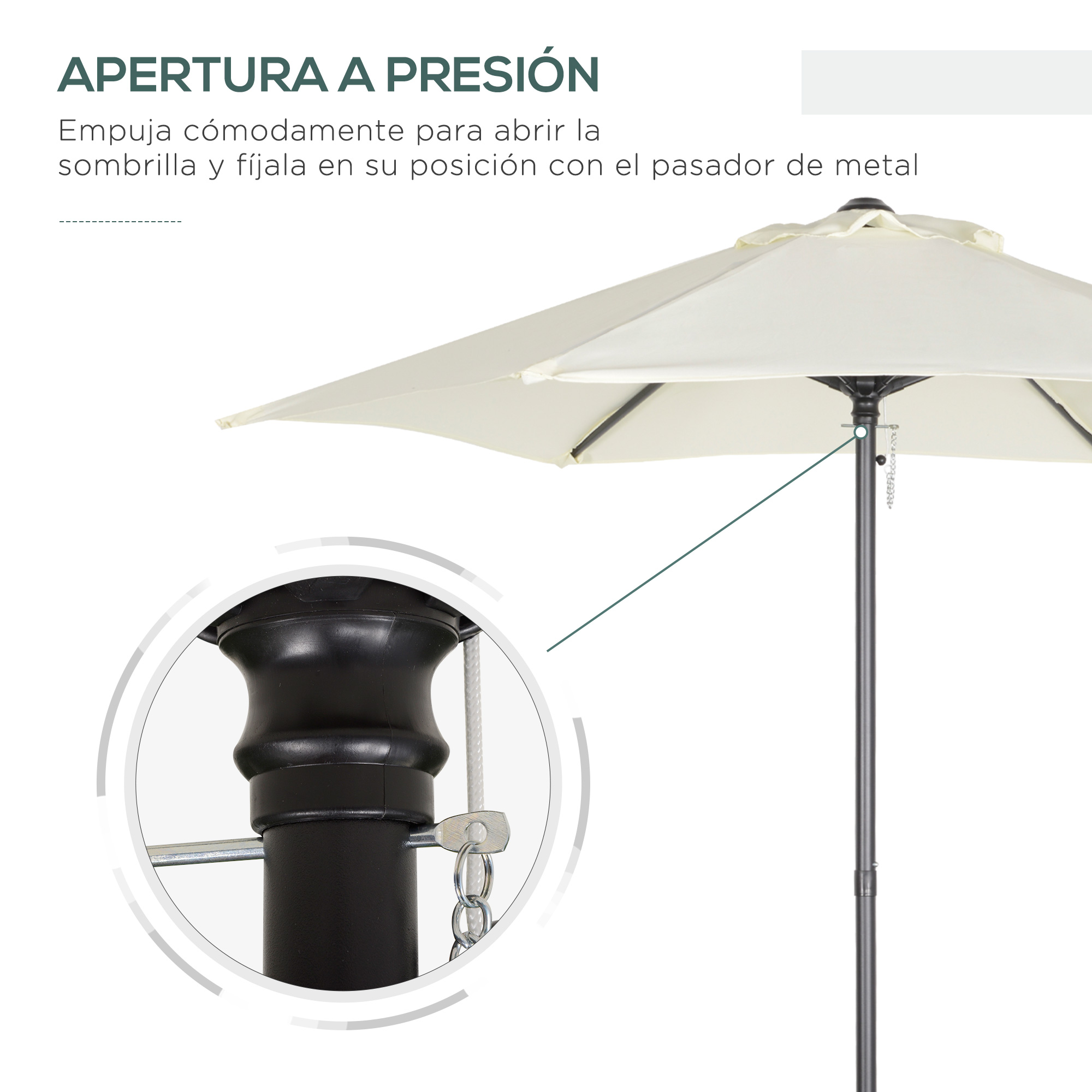 Un parasol color crema con soporte negro, mostrando un primer plano del mecanismo de apertura.