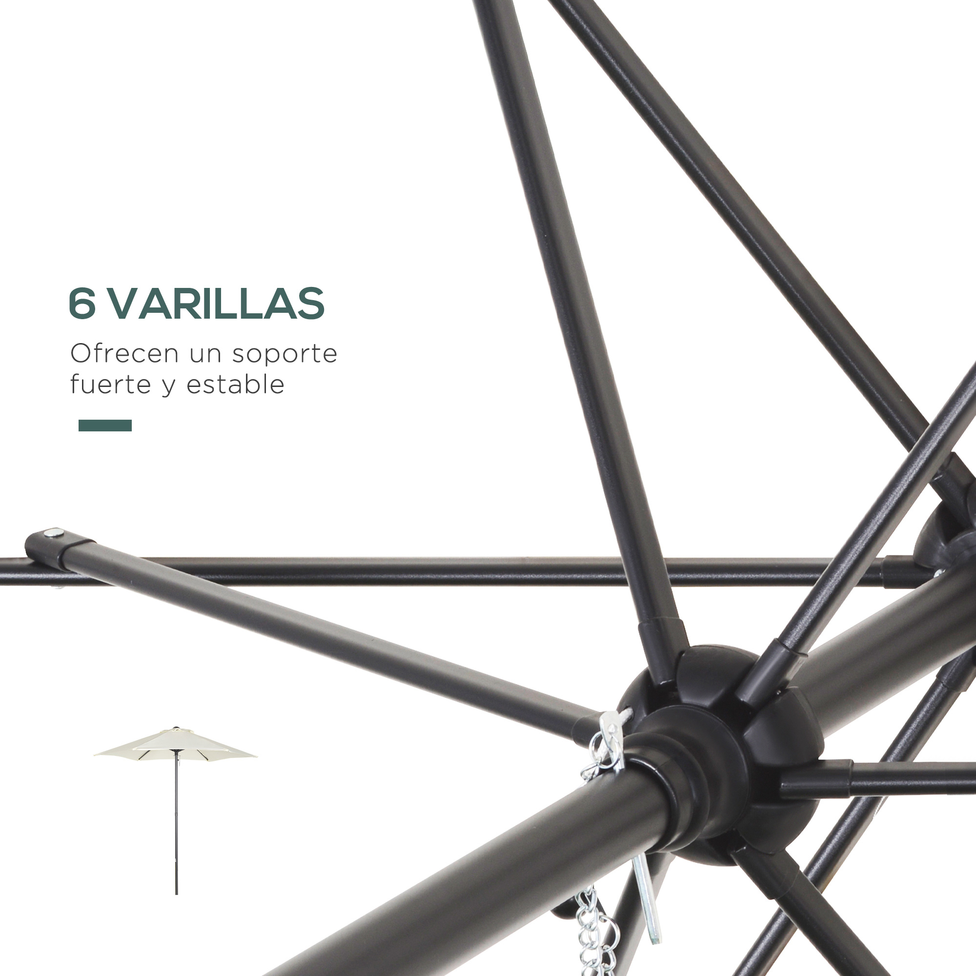 Primer plano de la estructura de un paraguas negro con 6 varillas.