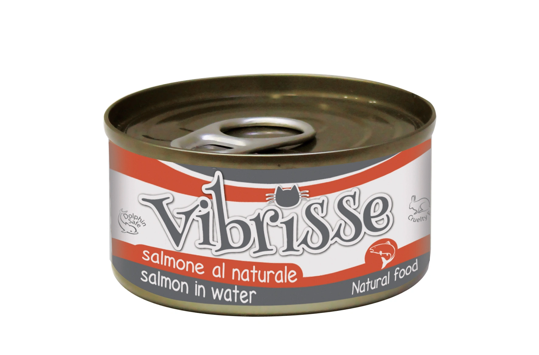 Una lata de comida para gatos con salmón en agua, marca Vibrisse.