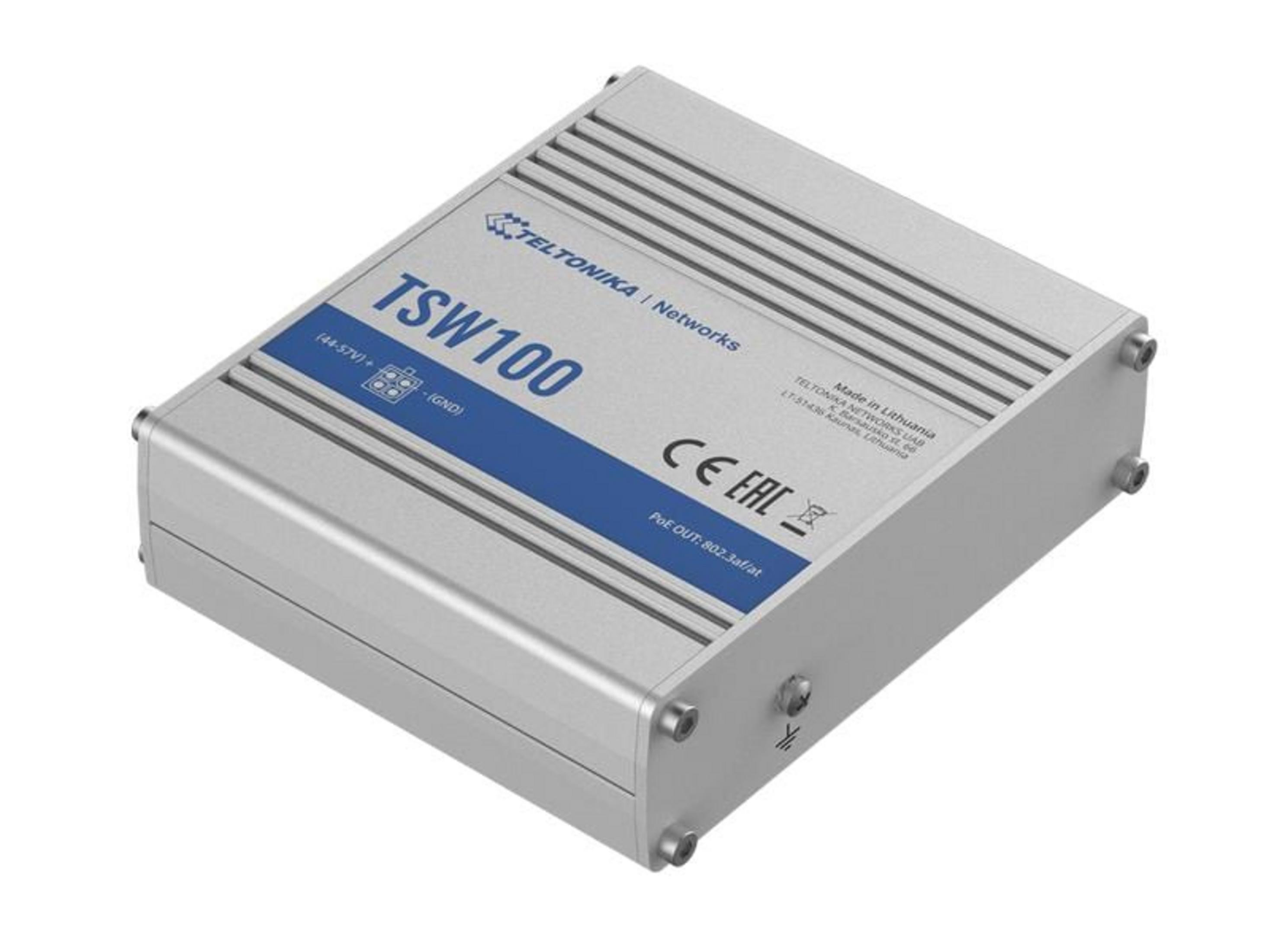 Szare urządzenie sieciowe Teltonika TSW100 z etykietami i portami.
