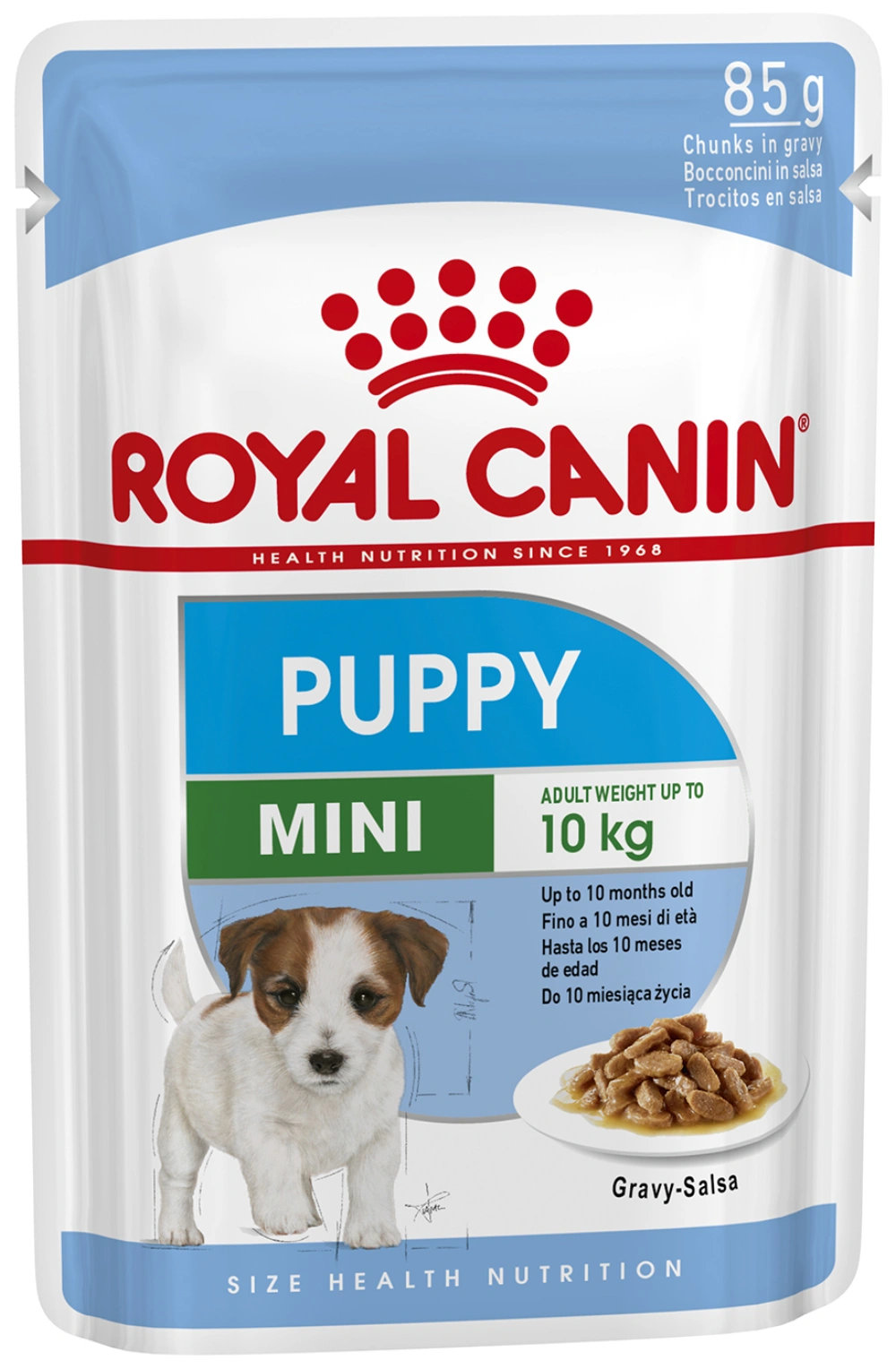 Comida para cachorros Royal Canin en salsa con imagen de cachorro.