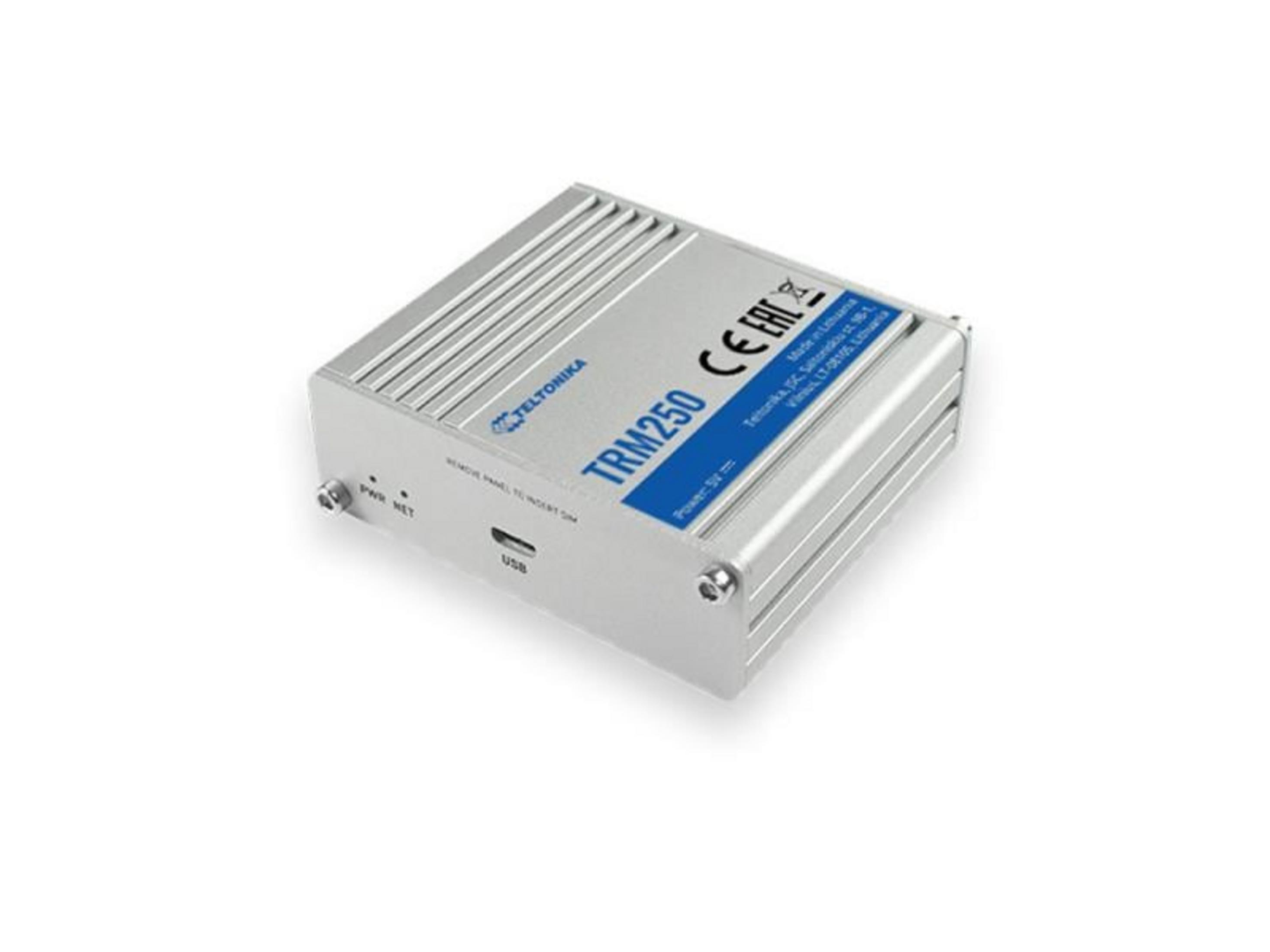 Zilveren Teltonika TRM250 apparaat met USB en statuslampjes.
