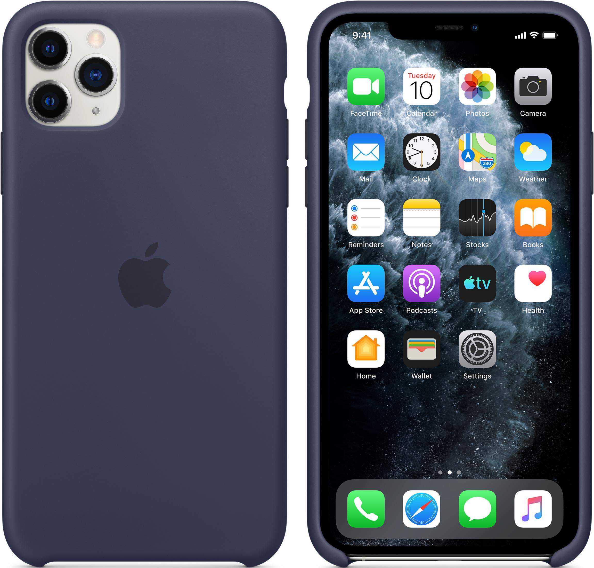 Donkerblauw iPhone met hoesje, met apps op het scherm.