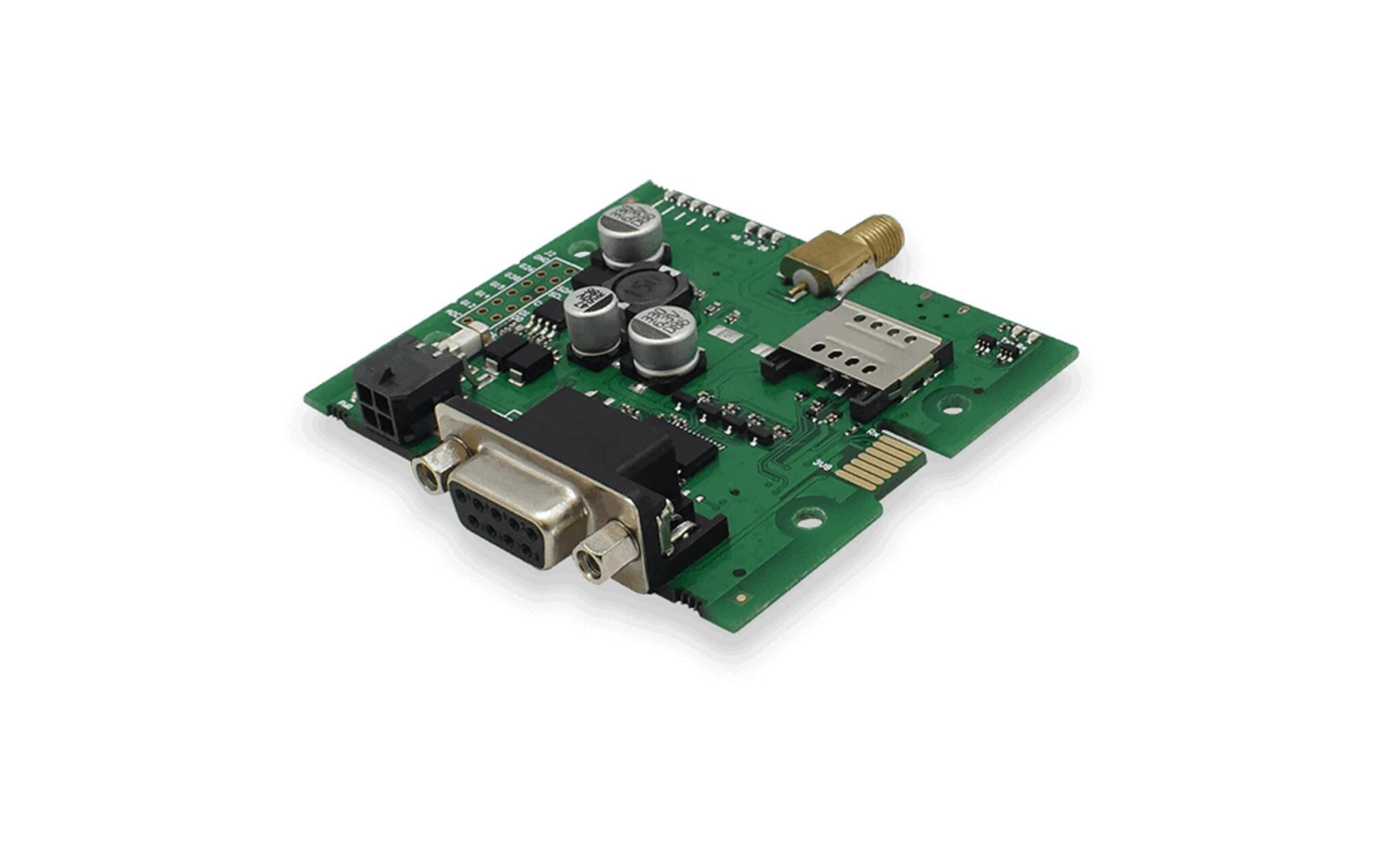Groene printplaat met zilveren D-Sub connector, SIM-slot en gouden antenneconnector.