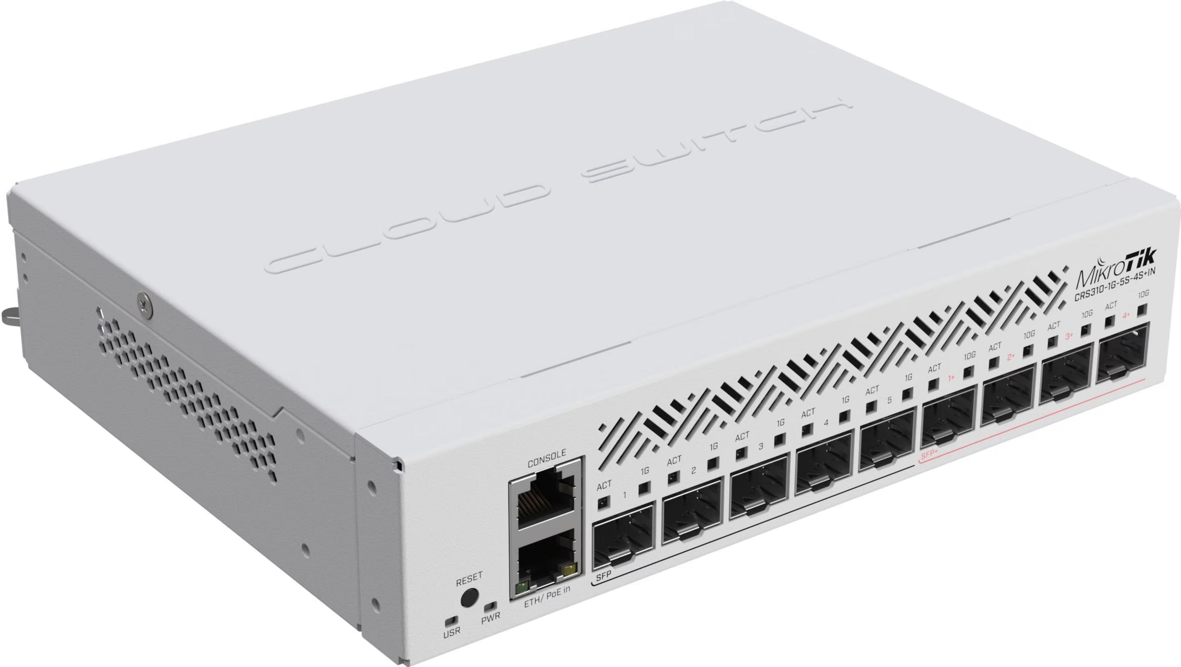 Un switch de red blanco con múltiples puertos y ranuras de ventilación.