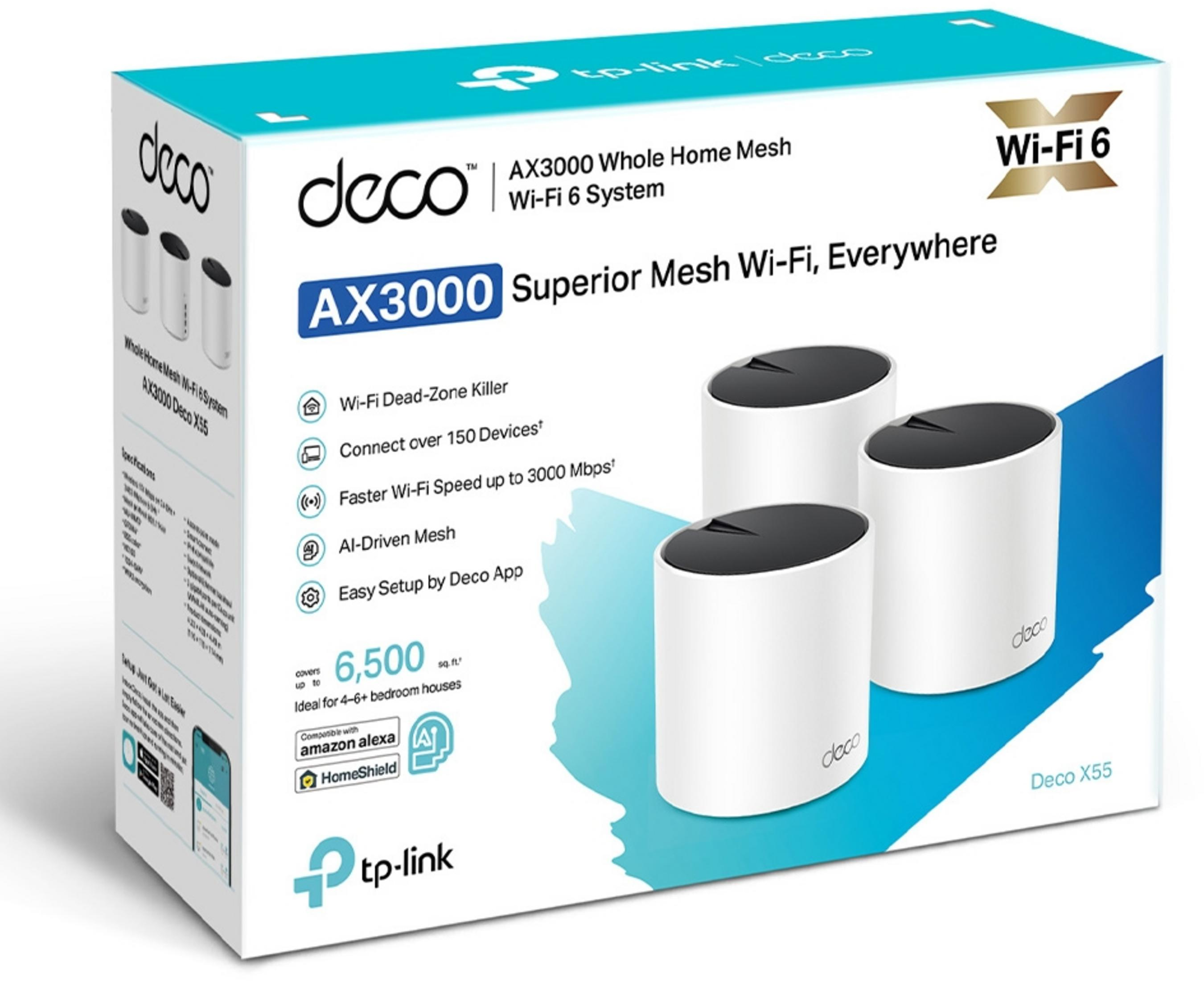 Confezione TP-Link Deco AX3000 Mesh Wi-Fi 6 System con tre unità bianche.