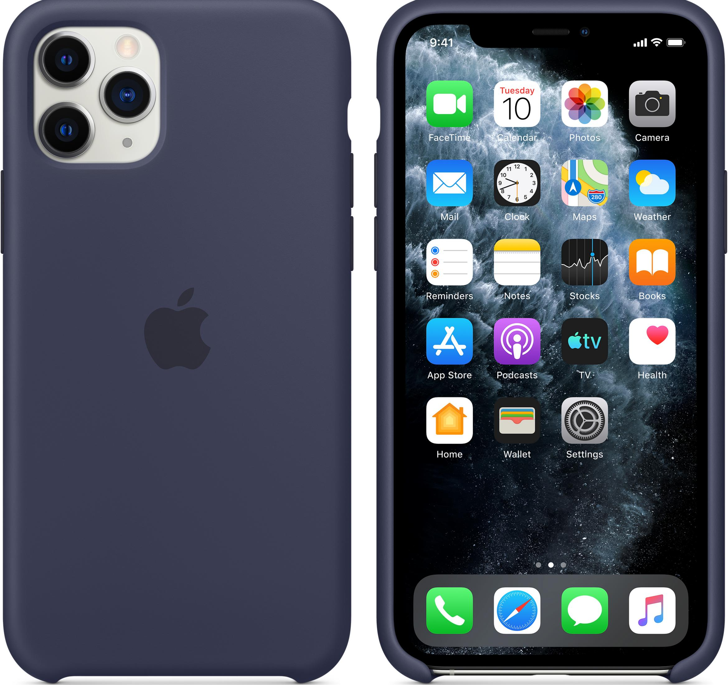 Een donkerblauwe iPhone-hoes naast een telefoon met startscherm.