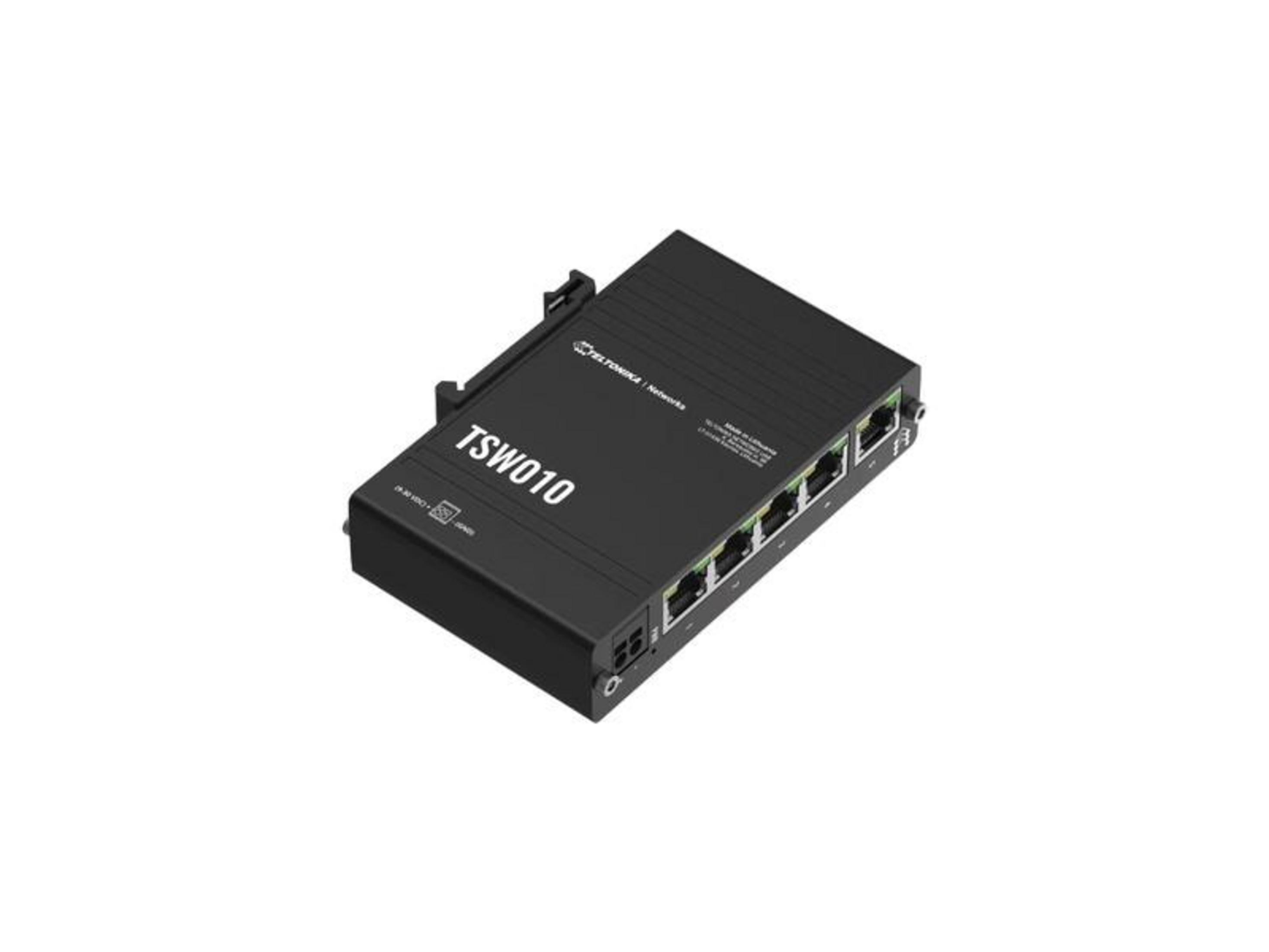 Czarny przełącznik sieciowy z pięcioma portami Ethernet, model TSW010.