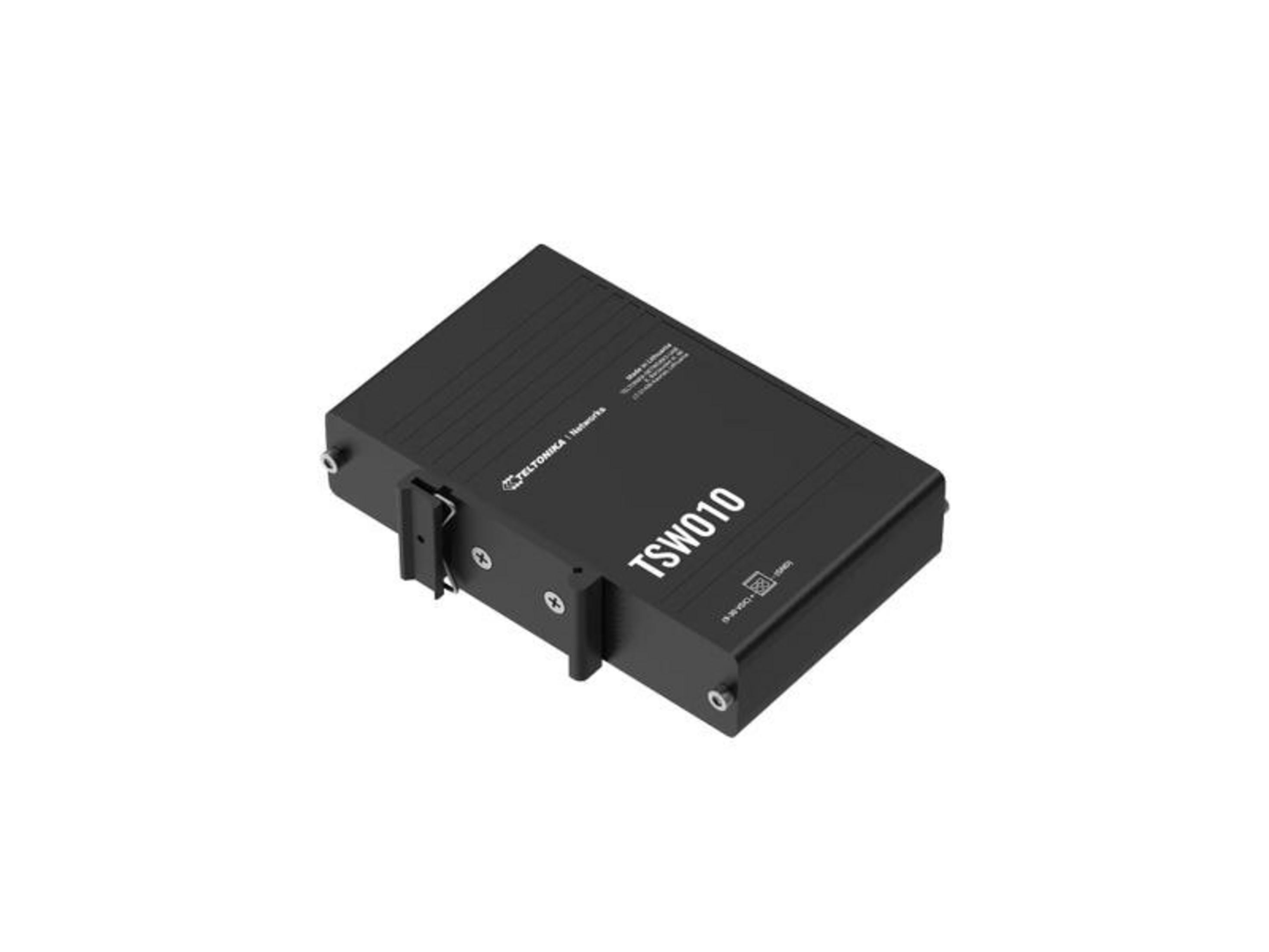 Czarny router sieciowy Teltonika TSW010 ze wspornikami montażowymi i portami.