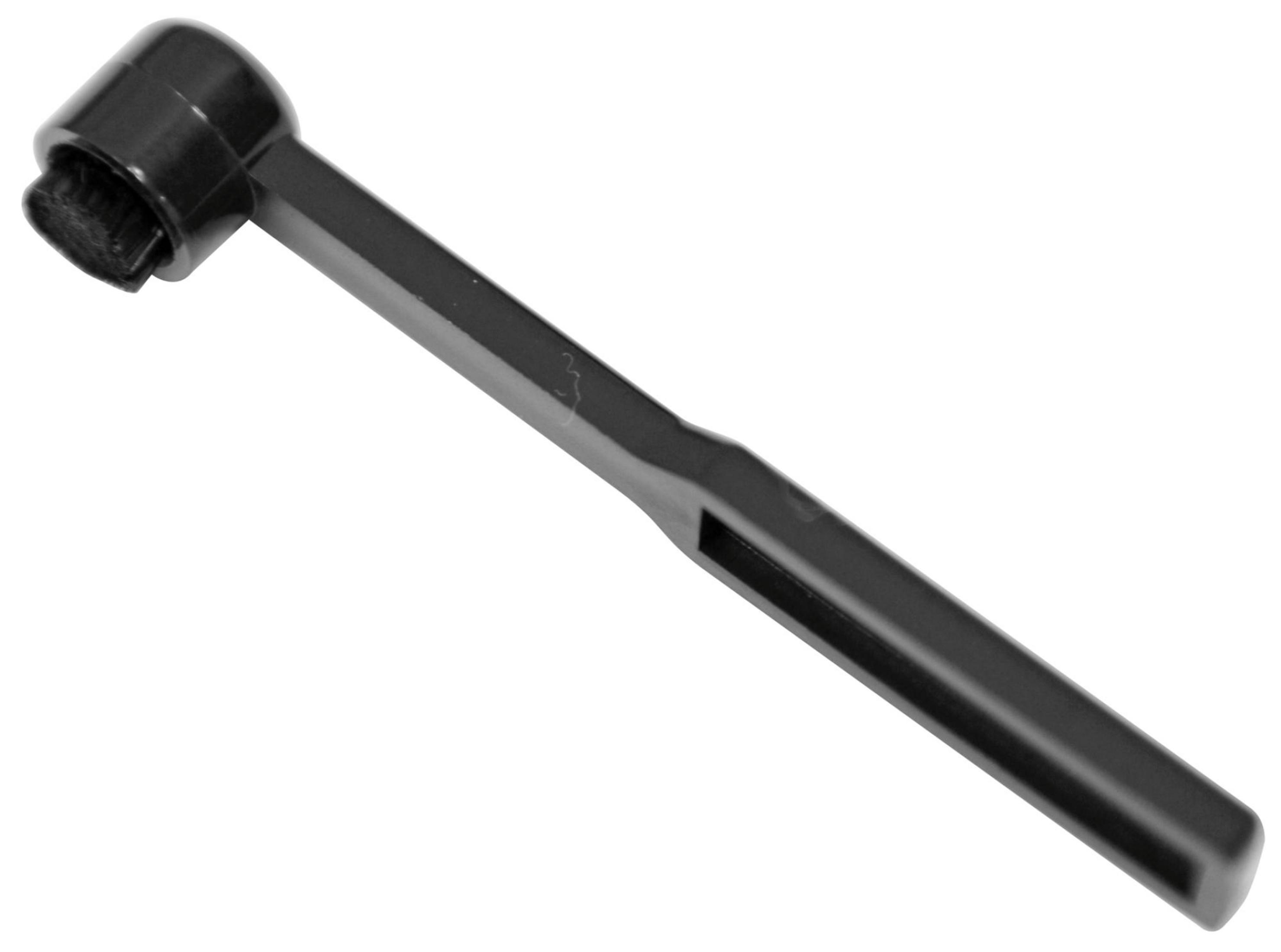 Małe, czarne narzędzie z rączką i obrotową głowicą z włosiem.