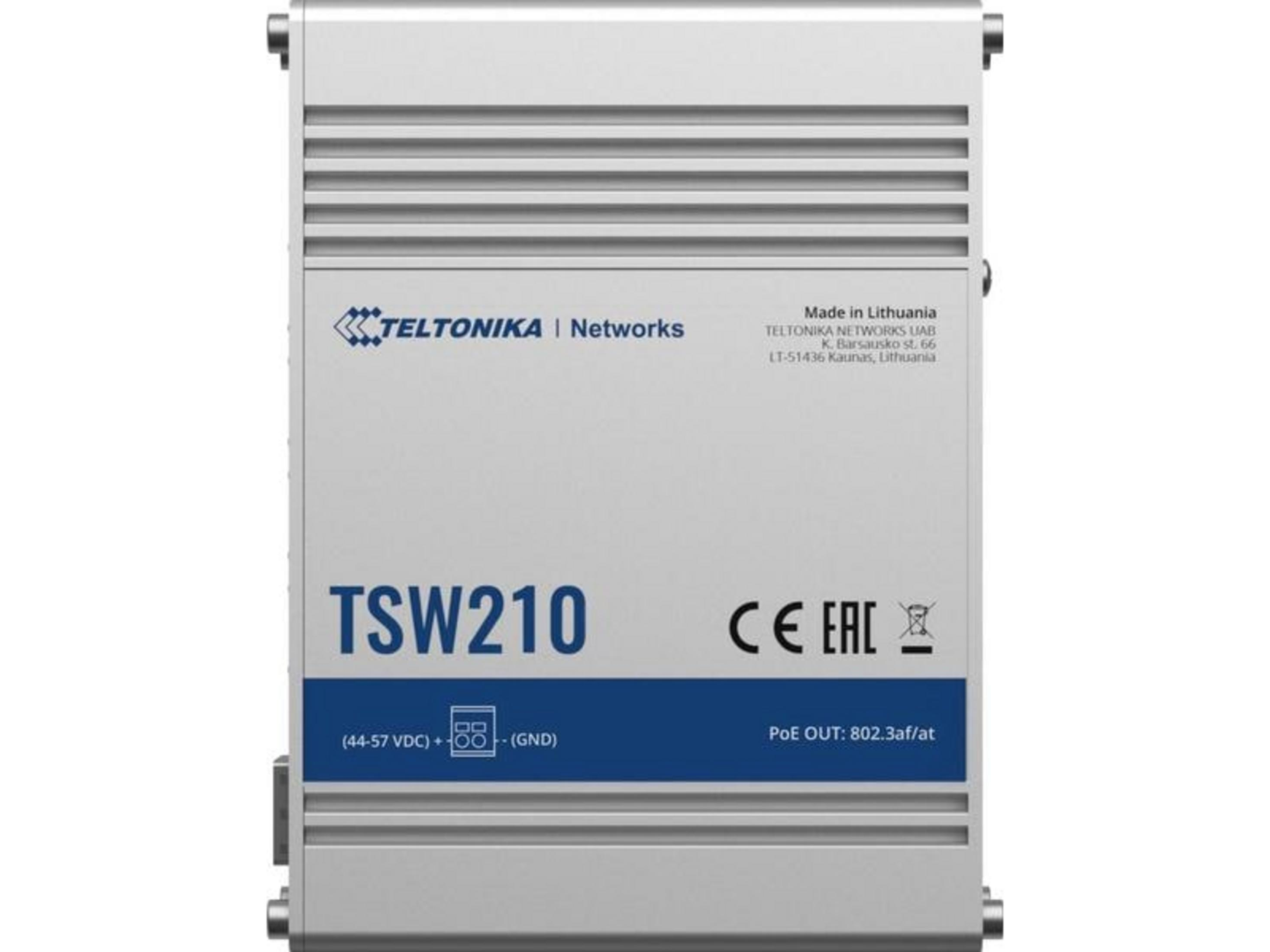 Dispositivo di rete Teltonika TSW210 grigio con etichette e loghi.