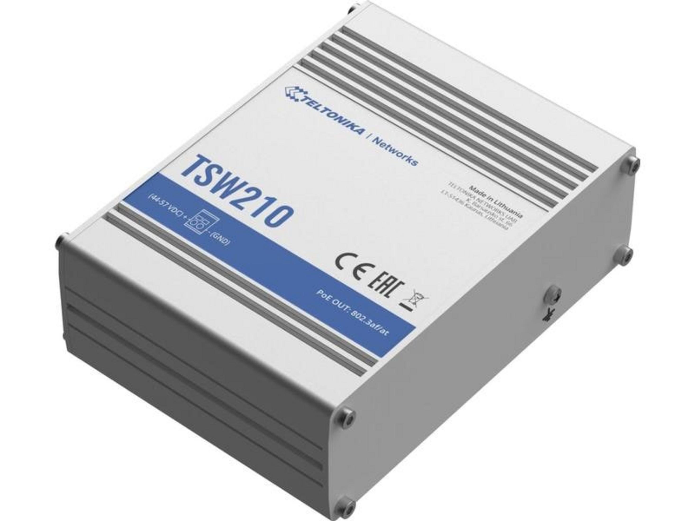 Dispositivo di rete grigio Teltonika TSW210 con etichette e fessure di ventilazione.