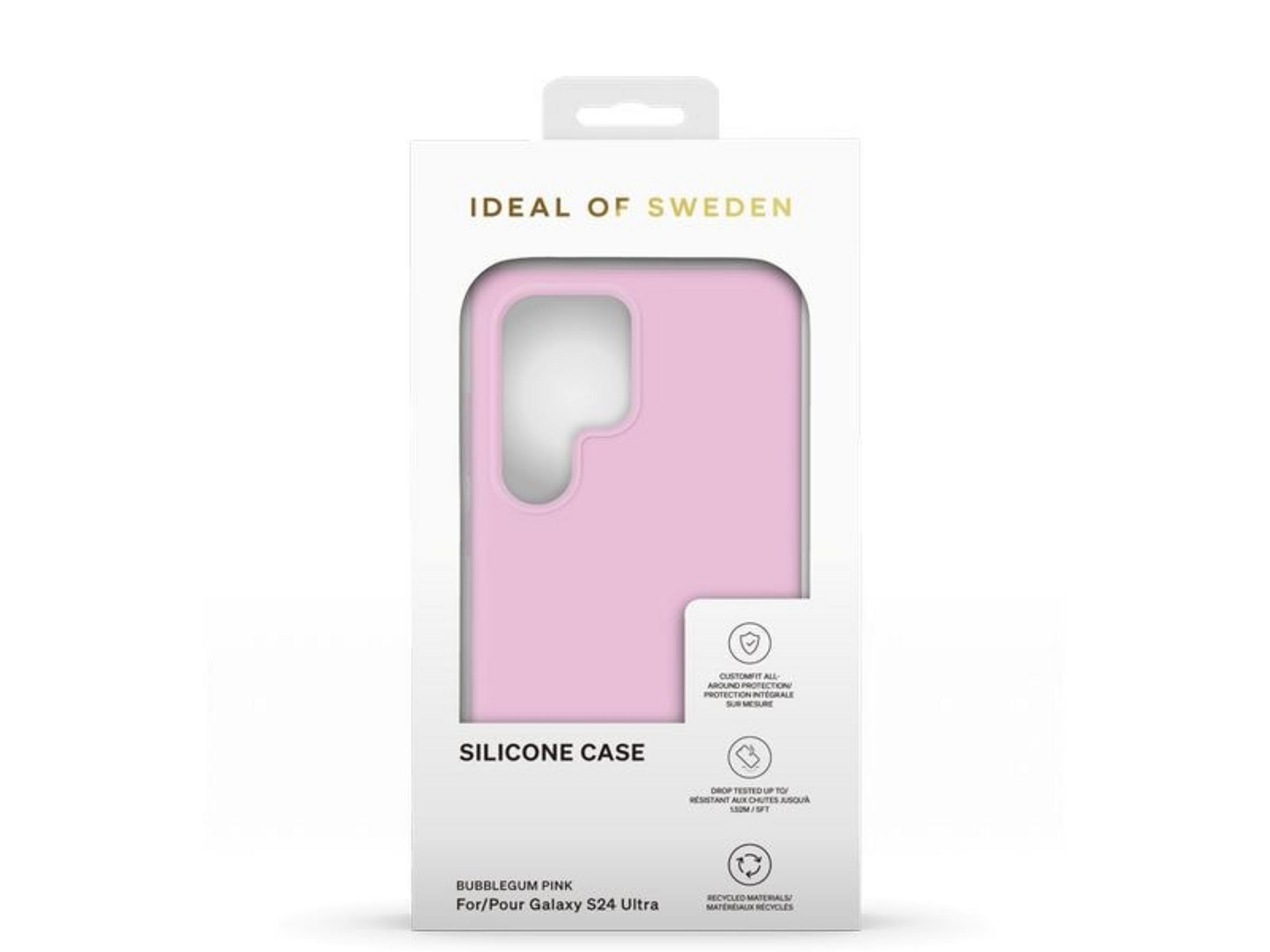 Verpackung für eine rosa Silikonhülle für das Galaxy S24 Ultra von Ideal of Sweden.