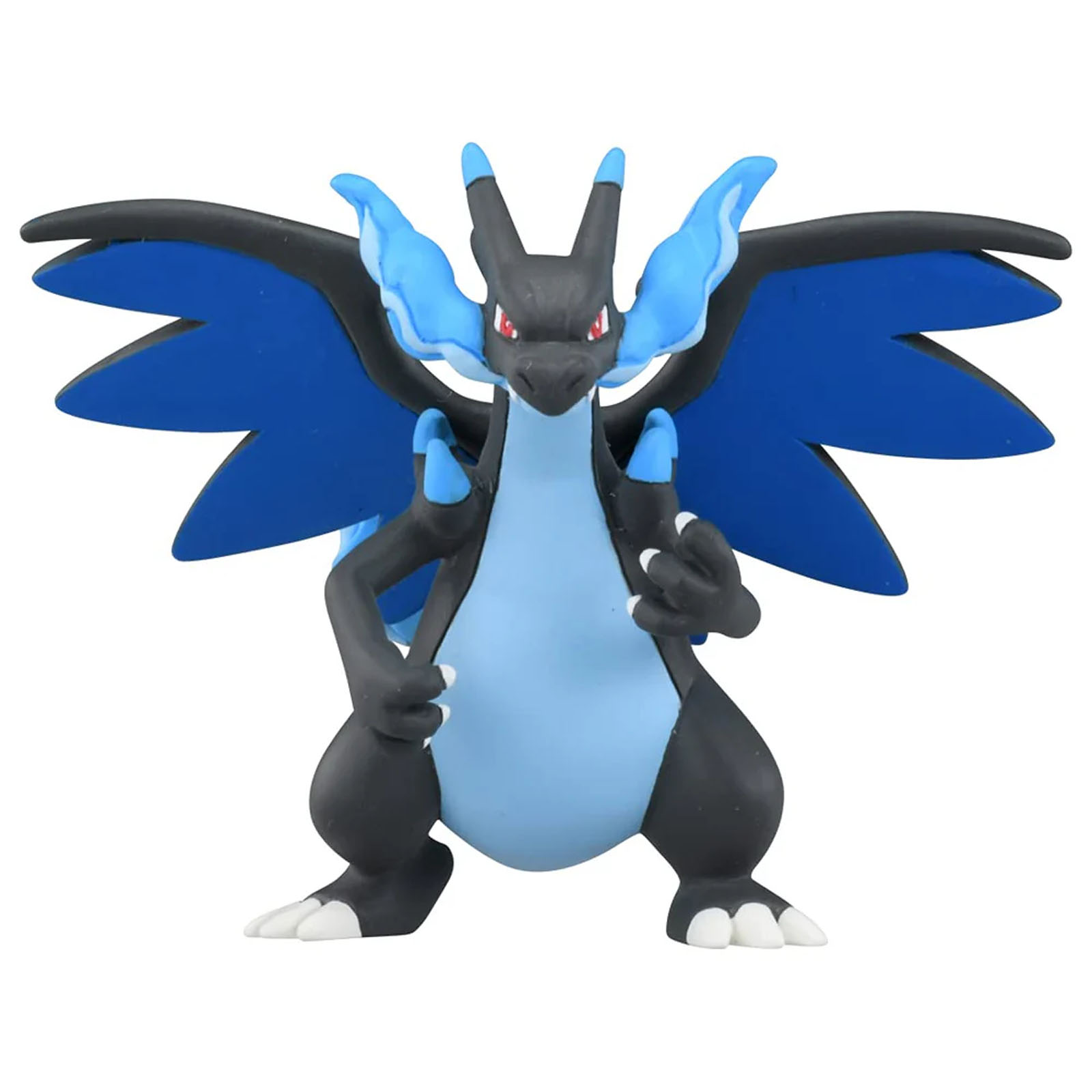 Eine schwarze Drachenfigur mit blauen Flügeln und roten Augen.