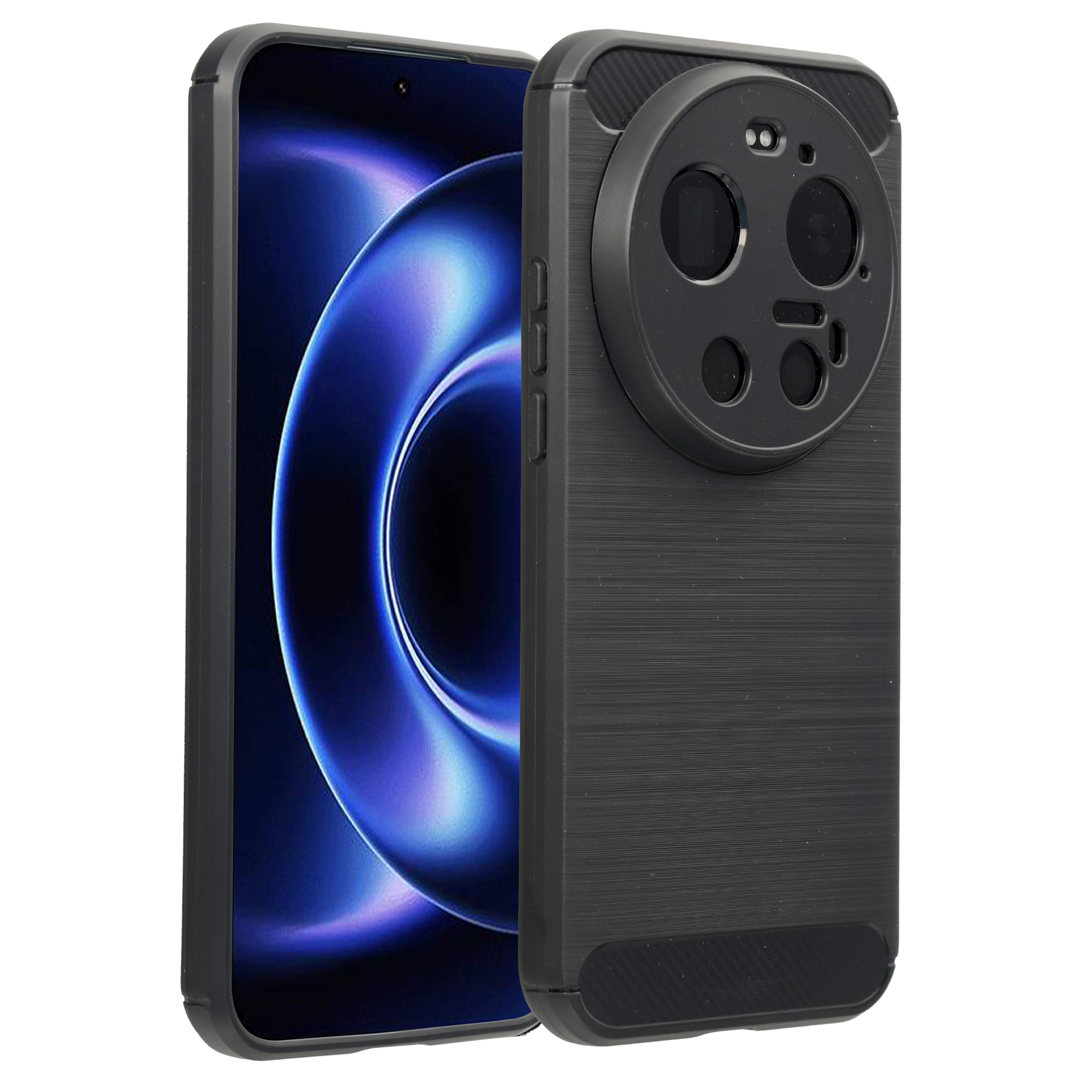 Zwarte smartphone met ronde camerapodul en blauwe achtergrond.