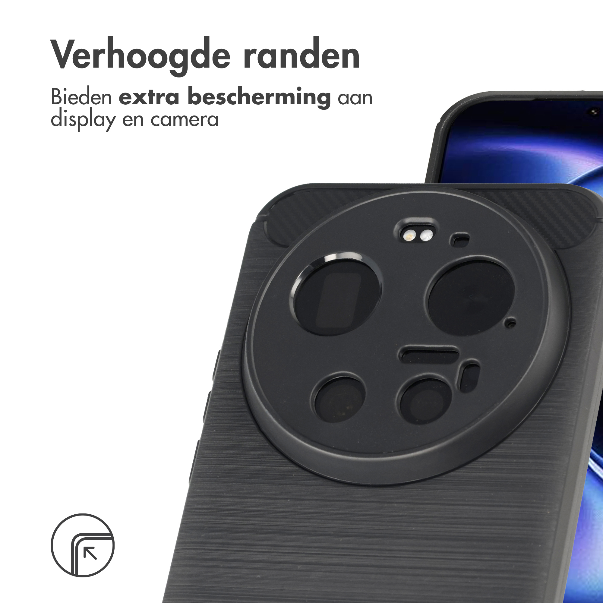 Zwarte telefoonhoes met cameramodule en verhoogde randen.
