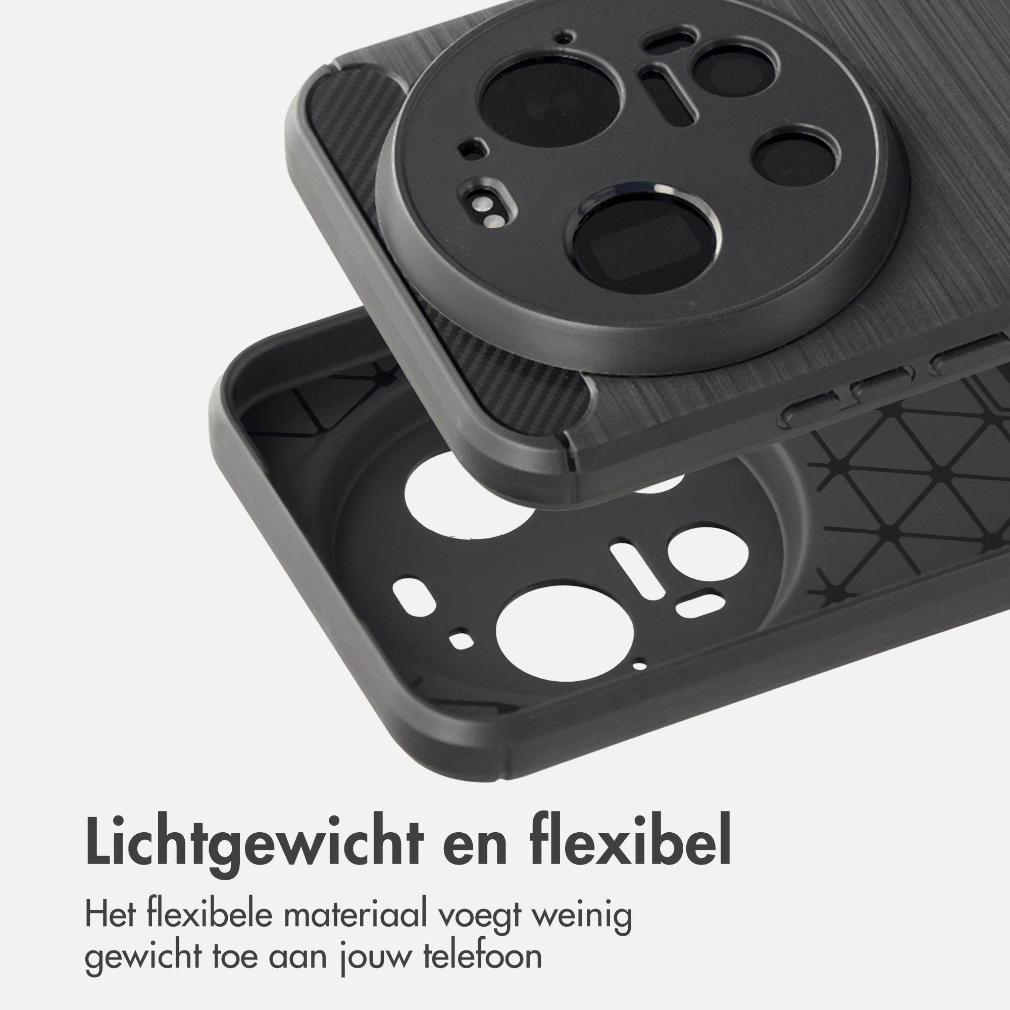 Zwarte telefoonhoes met focus op camerauitsparing. Tekst: 'Lichtgewicht en flexibel'.