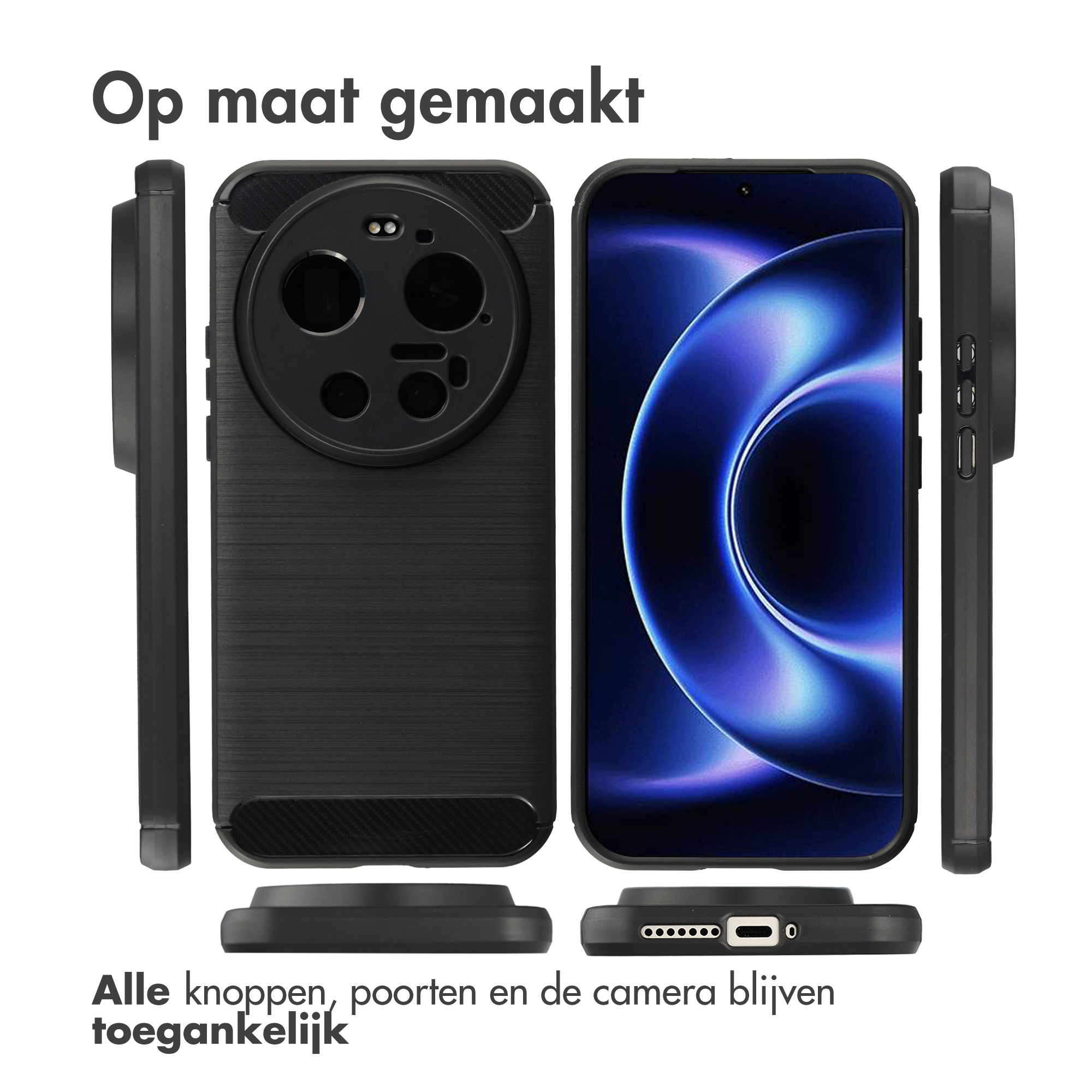 Een zwarte telefoon in een hoesje, voor- en achterkant getoond.