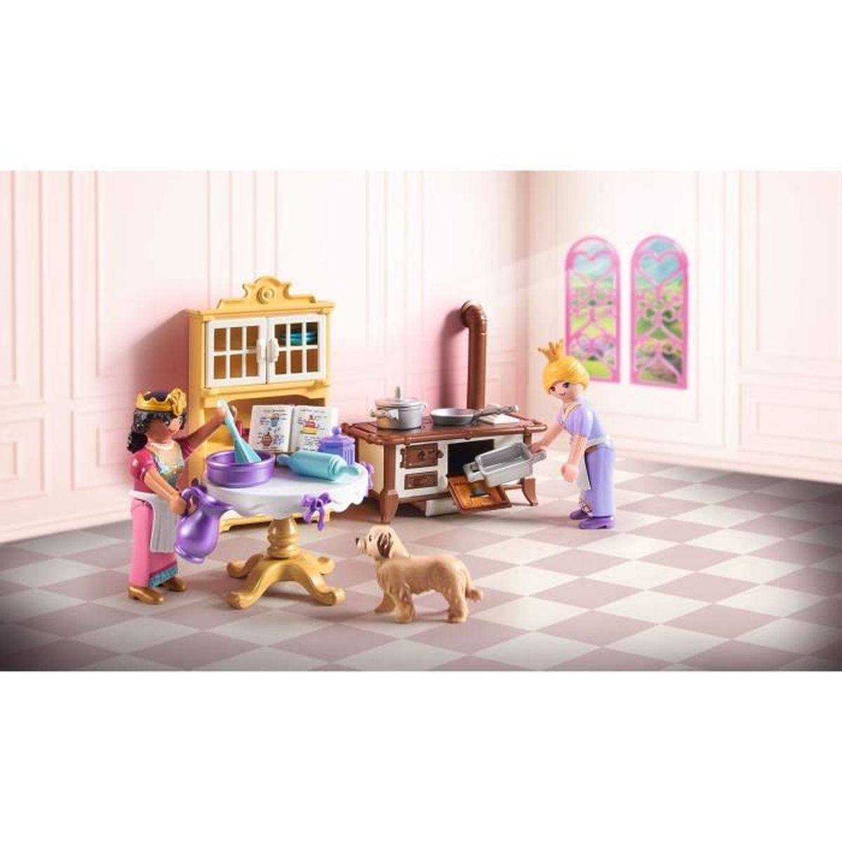 Zwei Figuren und ein Hund in einer Küche mit Herd und Schrank.