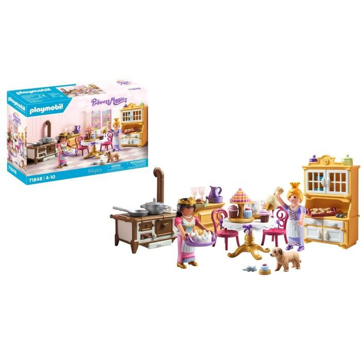 Playmobil-Set mit Prinzessinnen, Hunden und einer Küche mit Esse.